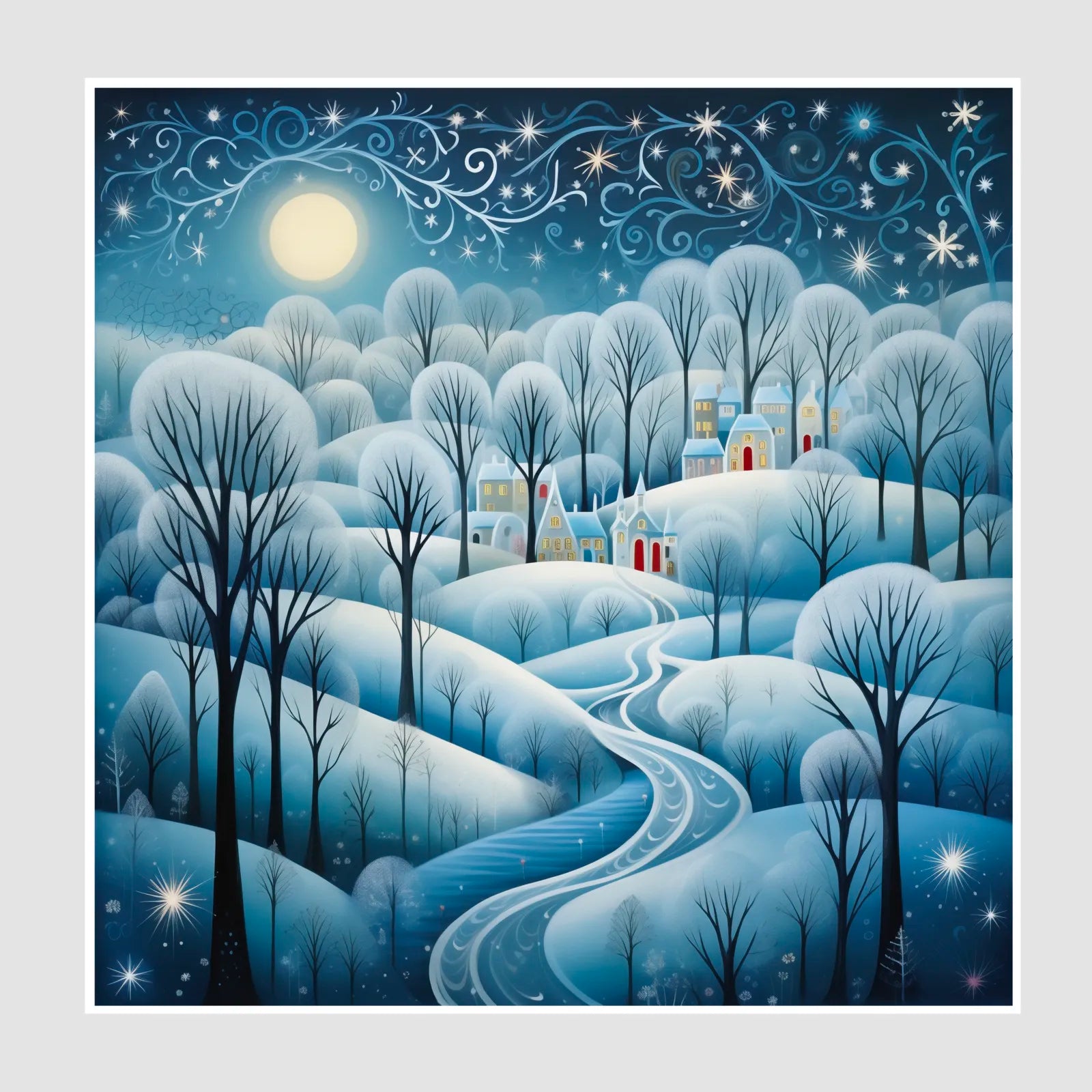 Moonlit Winter Stream Art Print Enchanted Snowy Forest 1