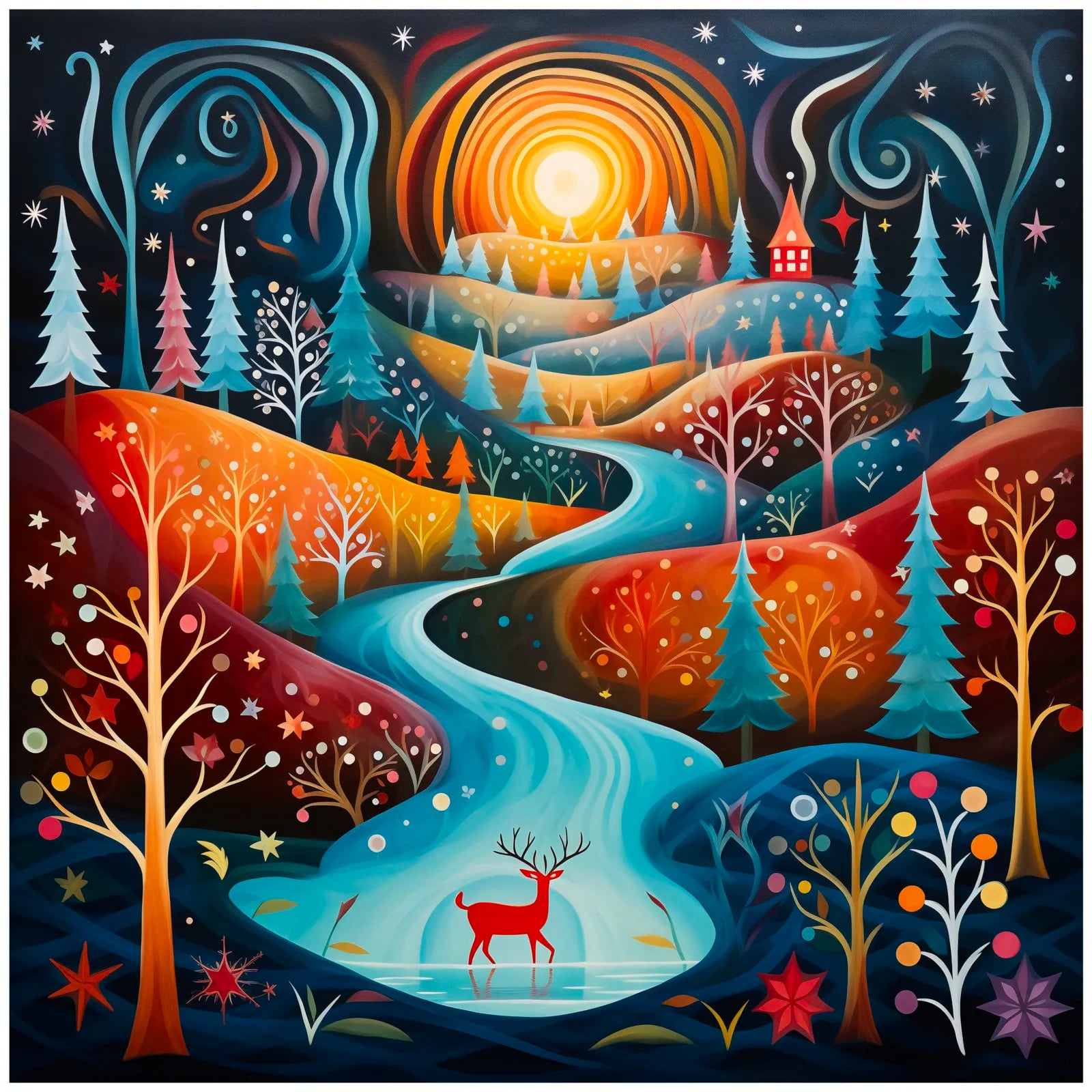 Winter Forest Deer Art Print Enchanted Sunset Scene 3