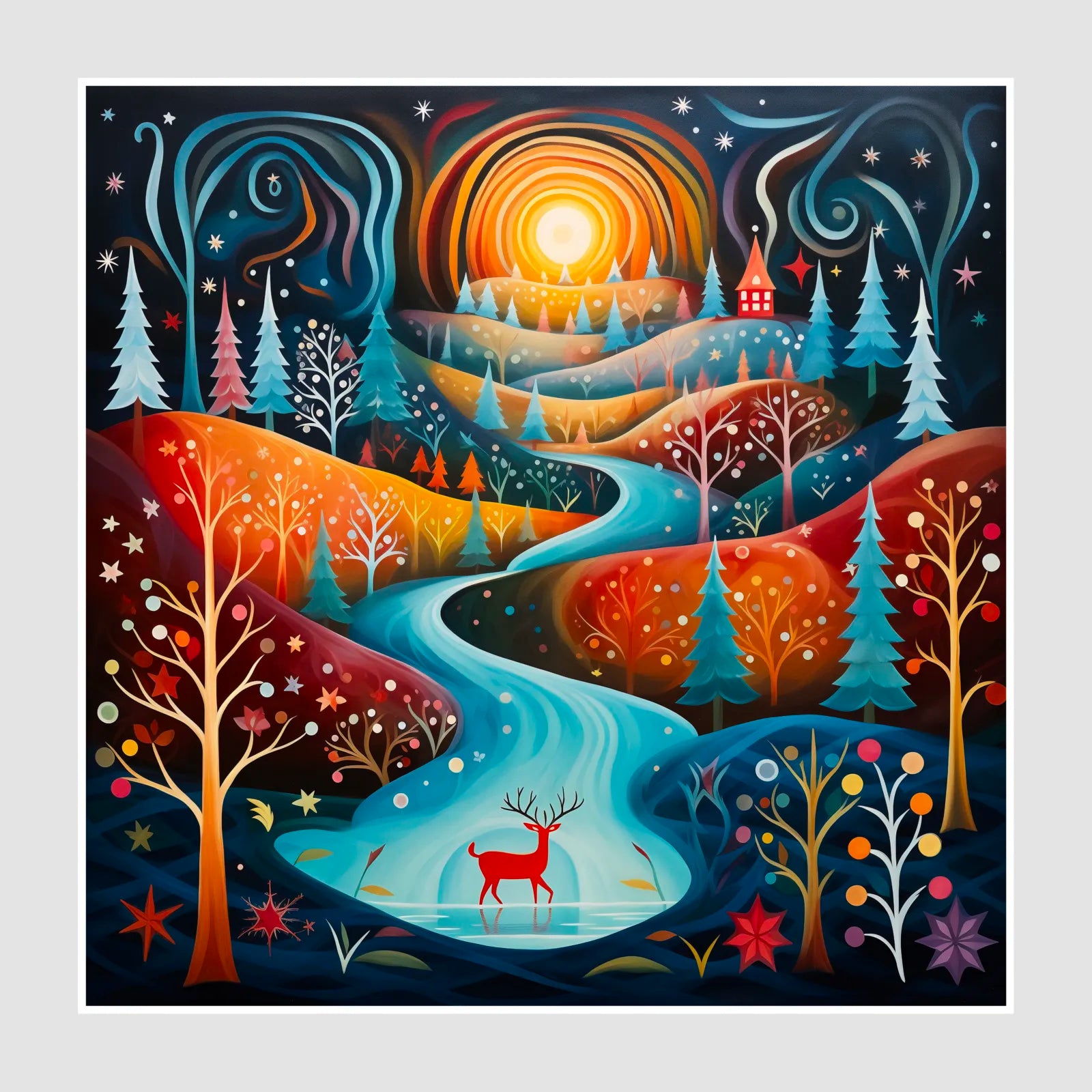 Winter Forest Deer Art Print Enchanted Sunset Scene 1