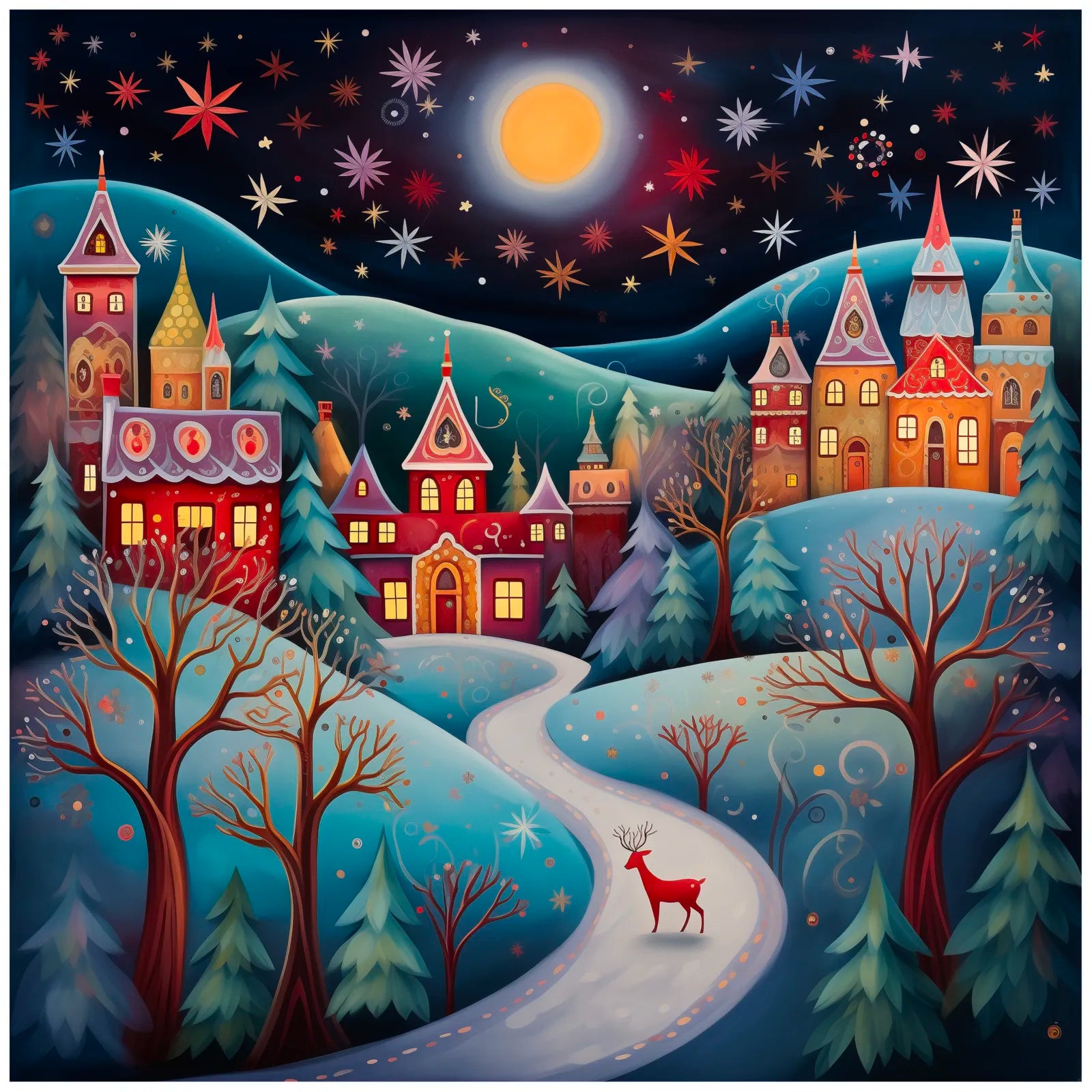 Whimsical Winter Town Art Print Enchanted Starry Night 3