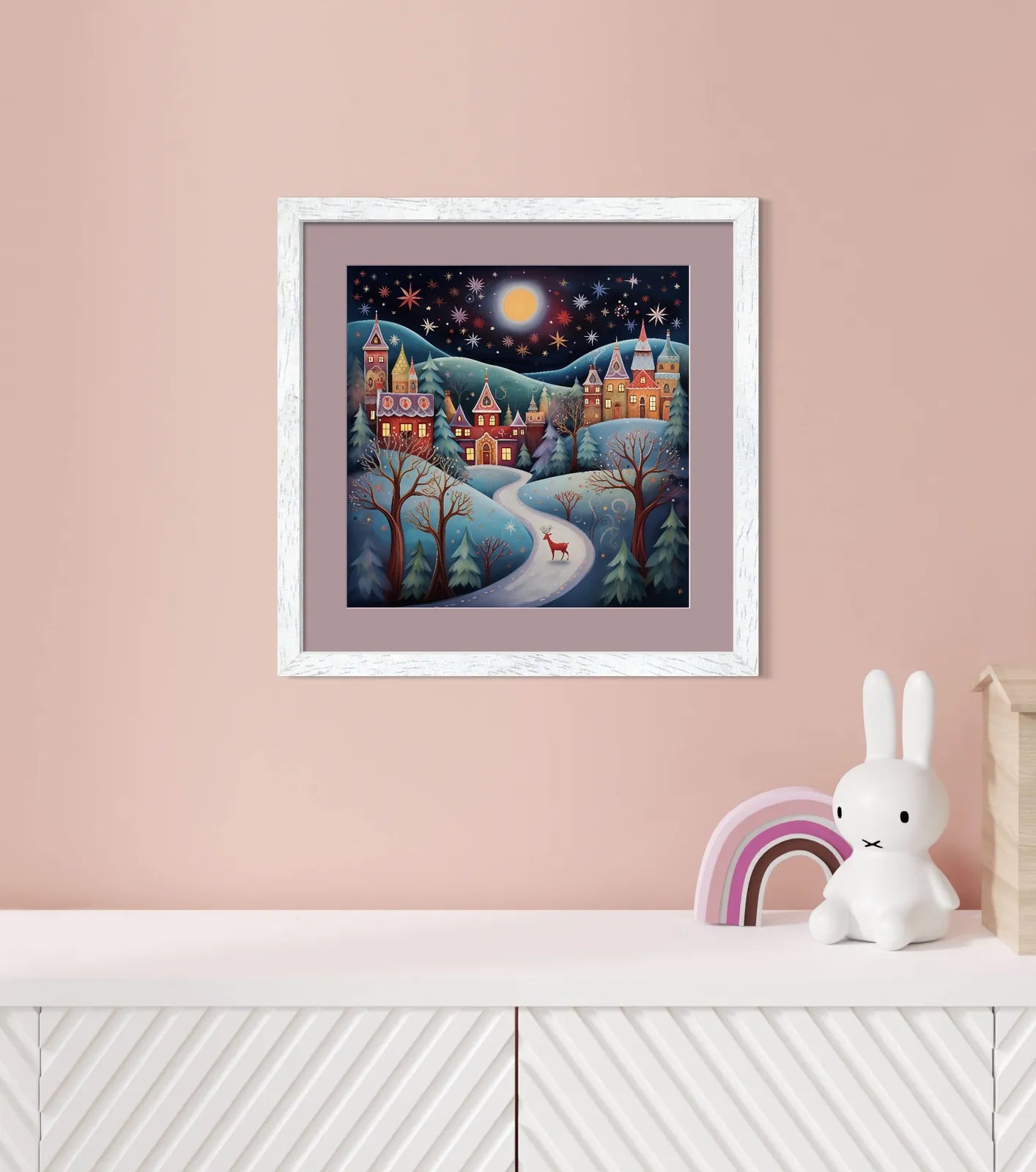 Whimsical Winter Town Art Print Enchanted Starry Night 2