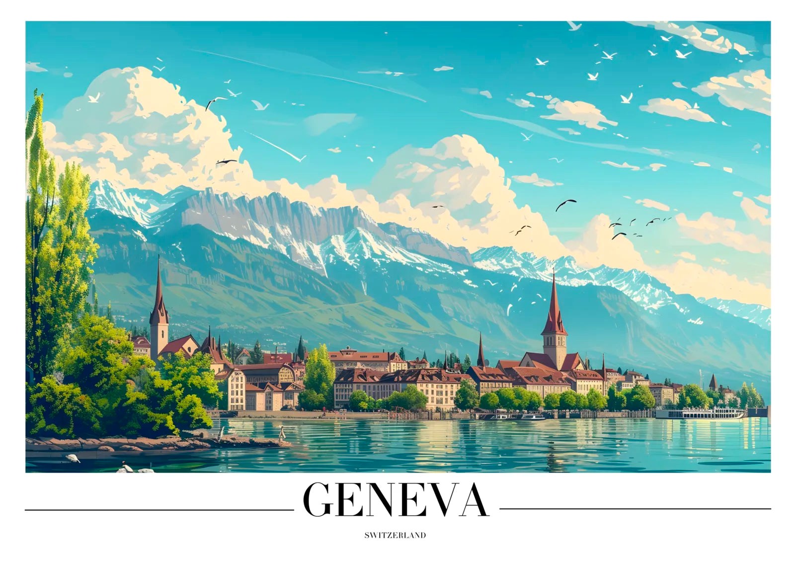 Geneva River View Art Print with Grand Architecture 3