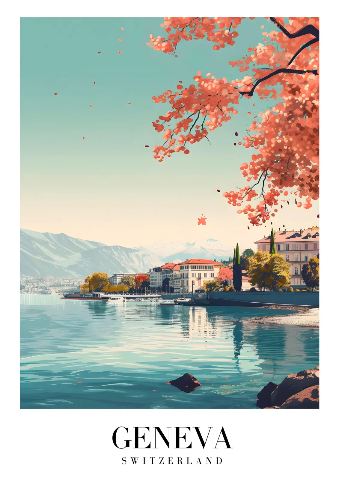 Geneva Waterscape Art Print With Blossoms, Mountains, And Grand Homes 3