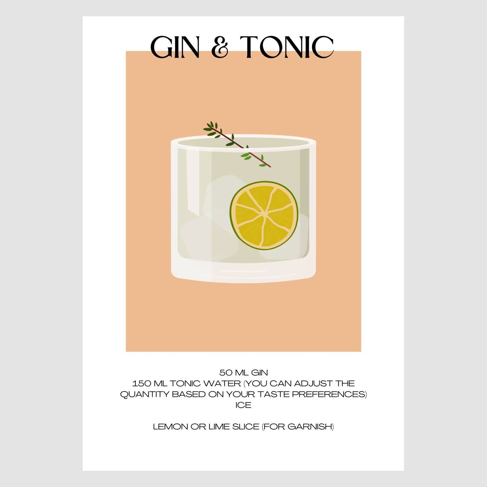 Gin and Tonic Art Print – Retro Peach and White Bar Decor 1