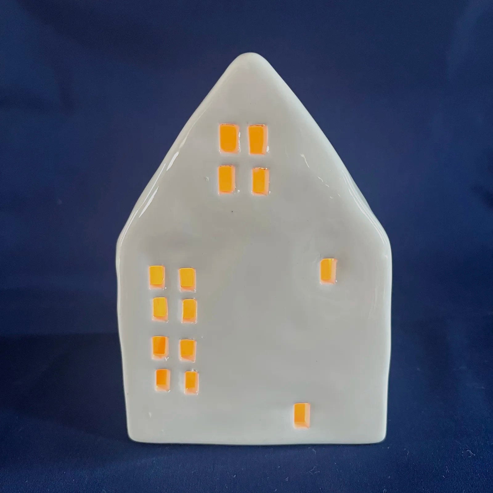 Grey Glazed Ceramic House with Square Windows for Tealights and Incense Cones