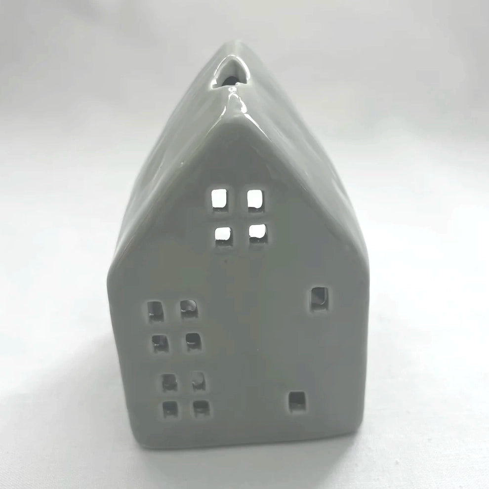 Grey Glazed Ceramic House with Square Windows for Tealights and Incense Cones