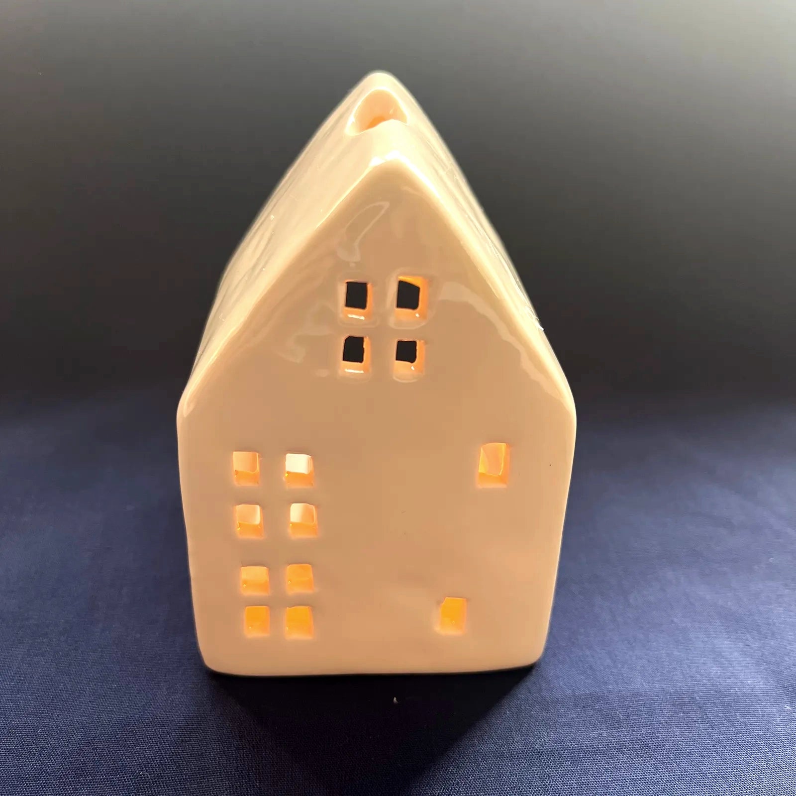 White Glazed Ceramic House with Square Windows for Tealights and Incense Cones