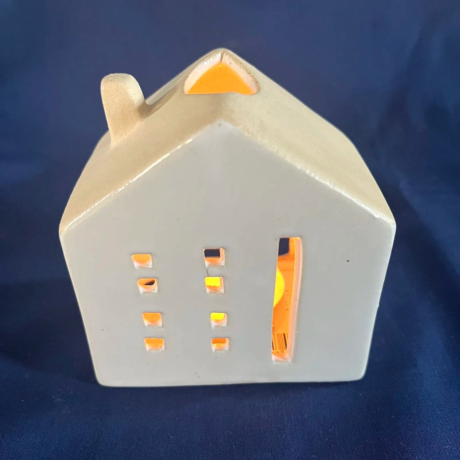 White Glazed Ceramic House with Square Windows for Tealights and Incense Cones