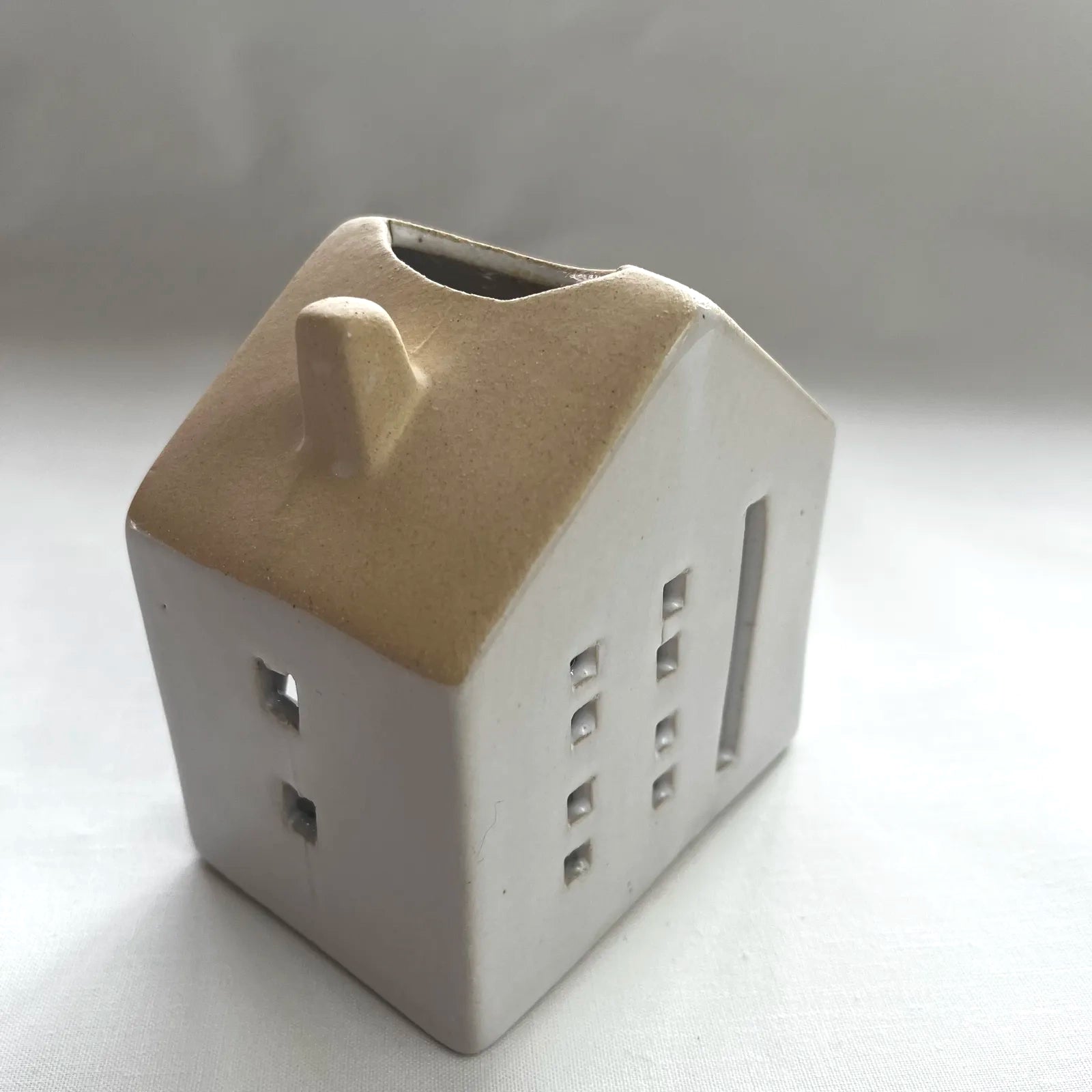 White Glazed Ceramic House with Square Windows for Tealights and Incense Cones