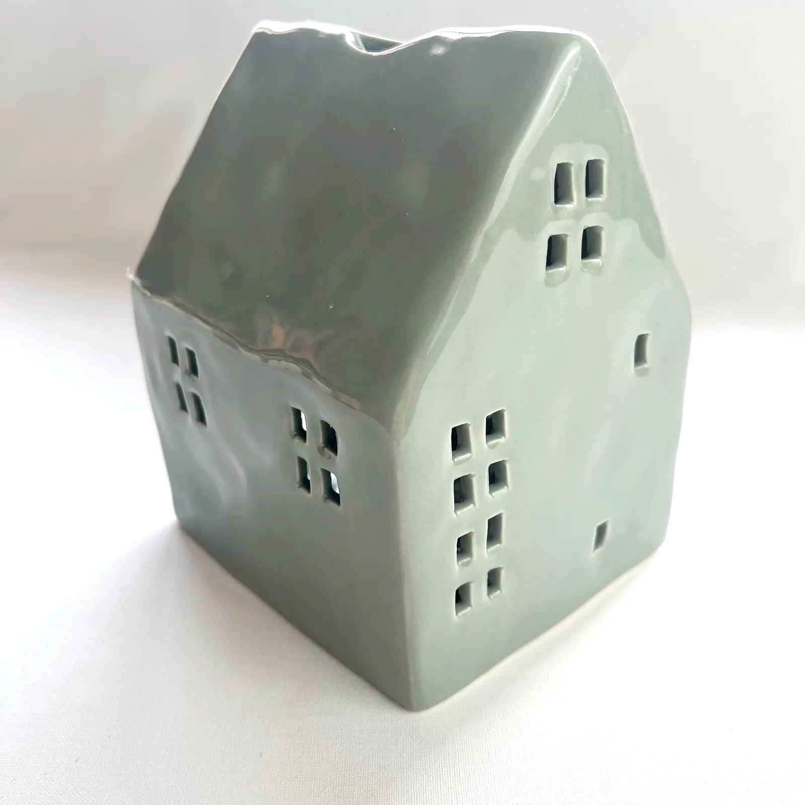 Grey Glazed Mini Ceramic House with Square Windows for Tealights and Incense Cones