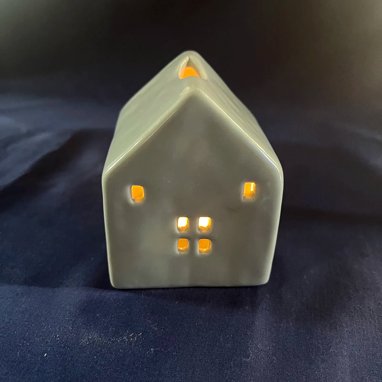 Grey Glazed Ceramic House with Square Windows for Tealights and Incense Cones