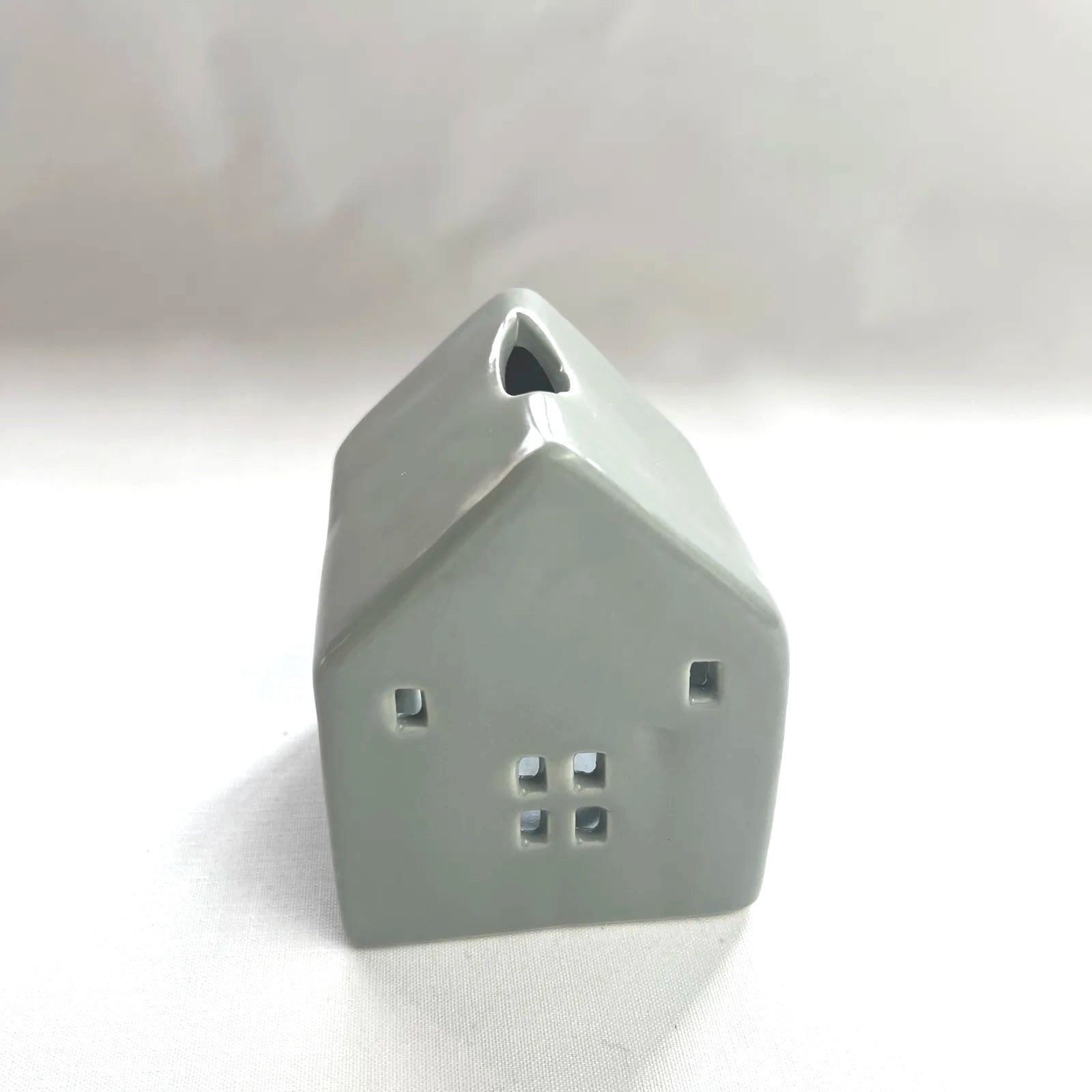 Grey Glazed Ceramic House with Square Windows for Tealights and Incense Cones