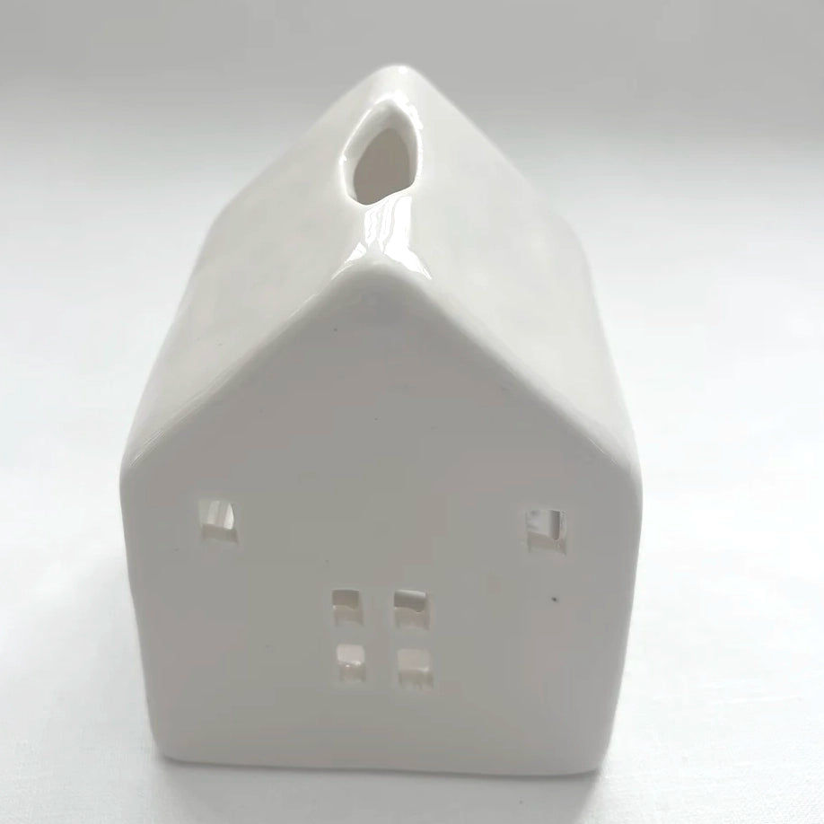 White Glazed Ceramic House with Square Windows for Tealights and Incense Cones