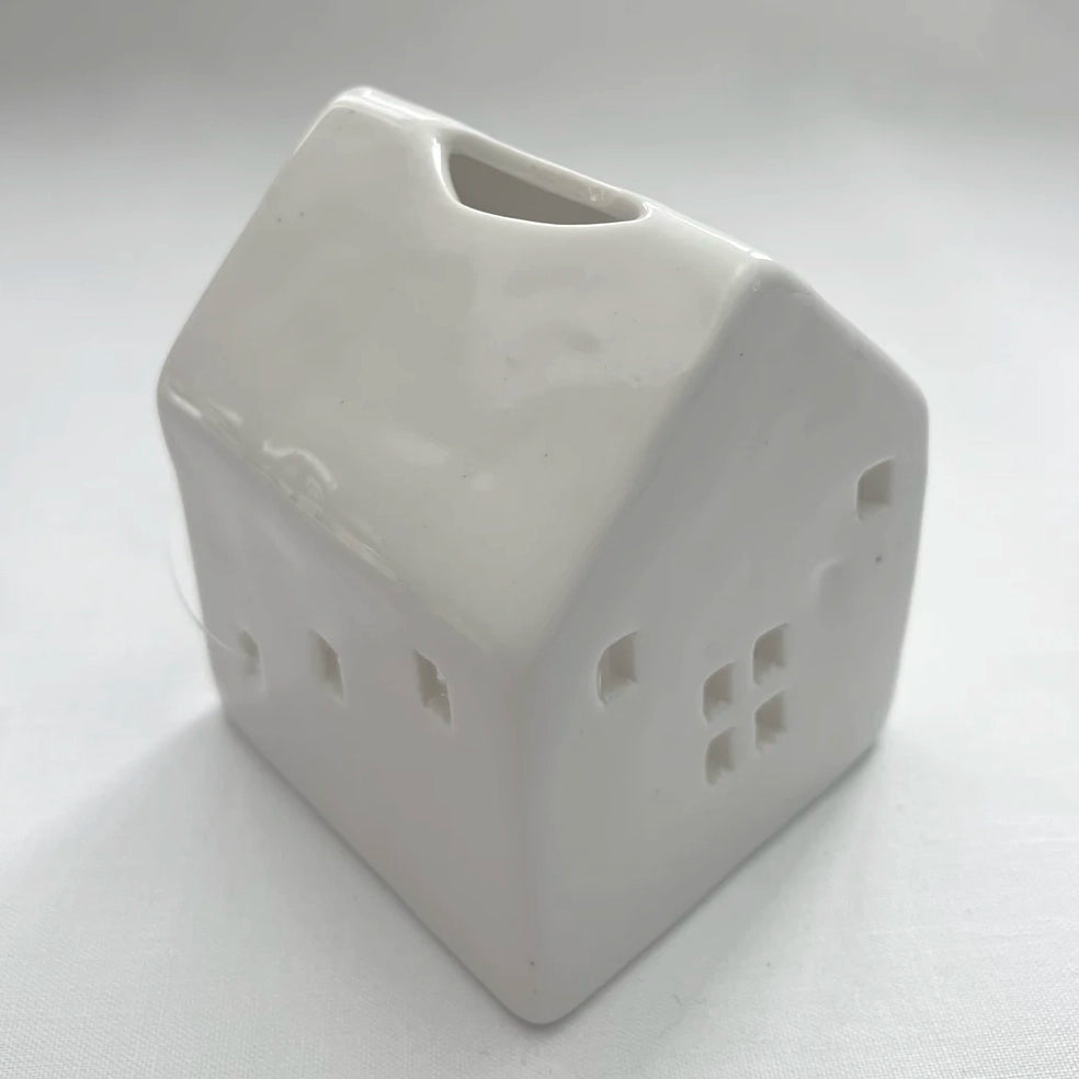 White Glazed Ceramic House with Square Windows for Tealights and Incense Cones