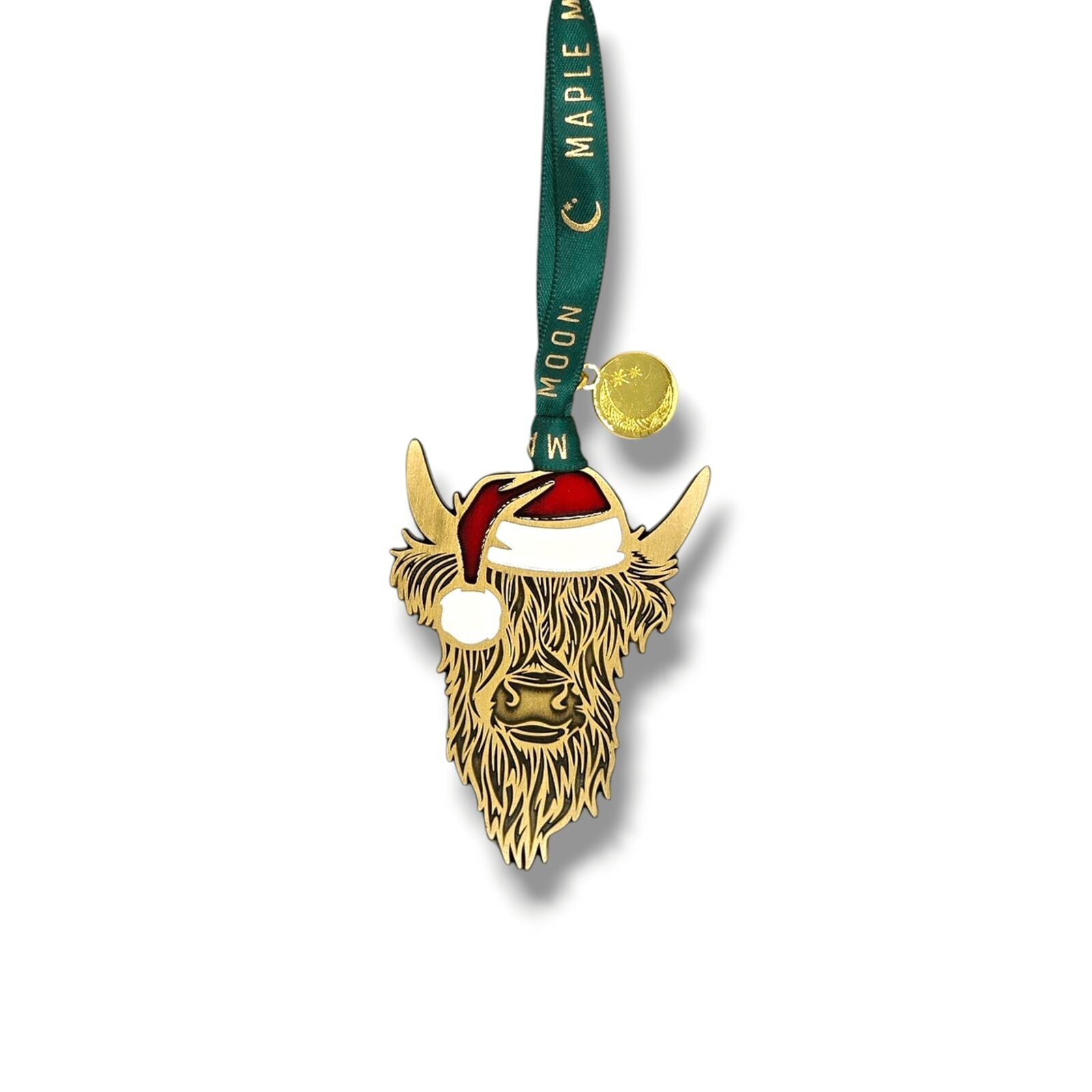 Gold Enamel Highland Cow with Santa Hat Christmas Decoration
