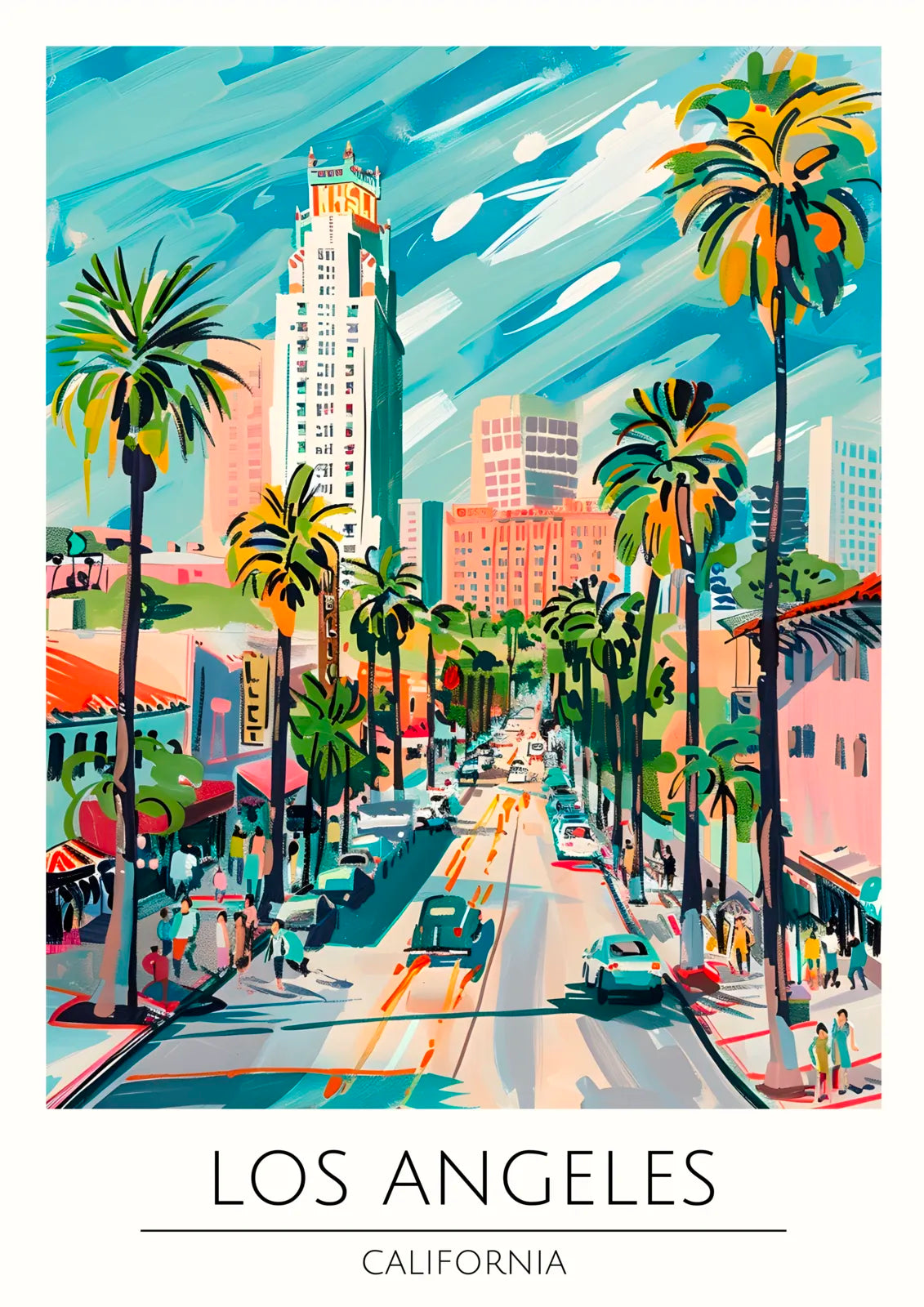 Downtown LA Art Print With Retro Palm-Lined Streets And Skyline 3