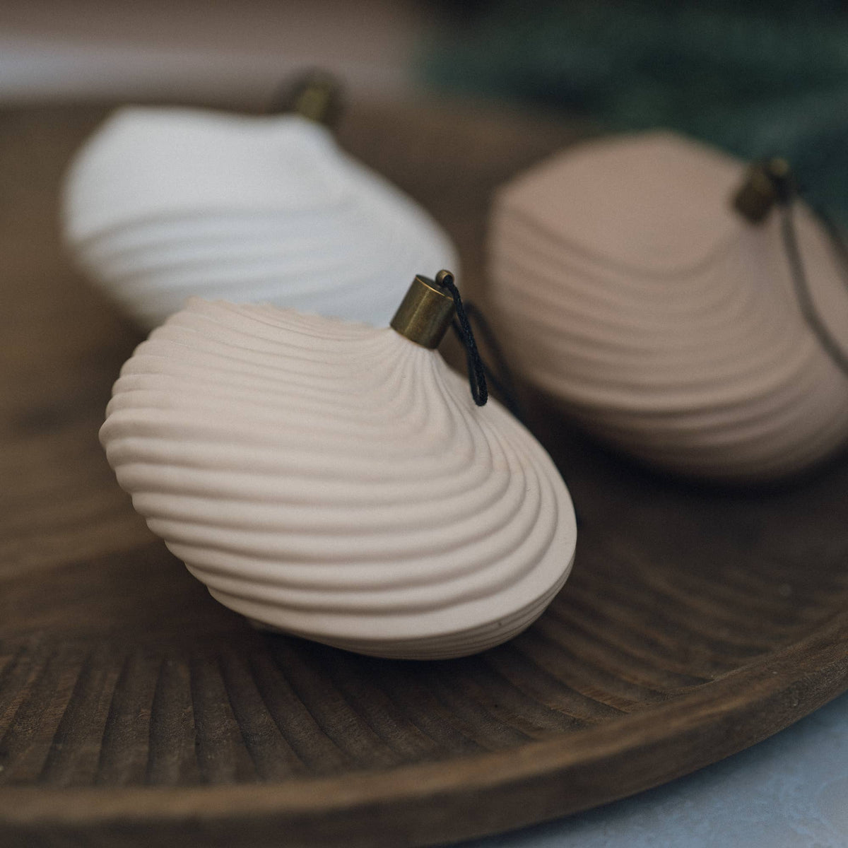 Three shell-shaped ceramic ornaments in white, beige, and taupe, arranged on a dark wooden tray with a shallow depth of field.