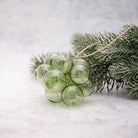A cluster of translucent light green glass ornaments shaped like grapes, tied with a natural twine string and styled on a snowy pine branch against a light gray textured background.