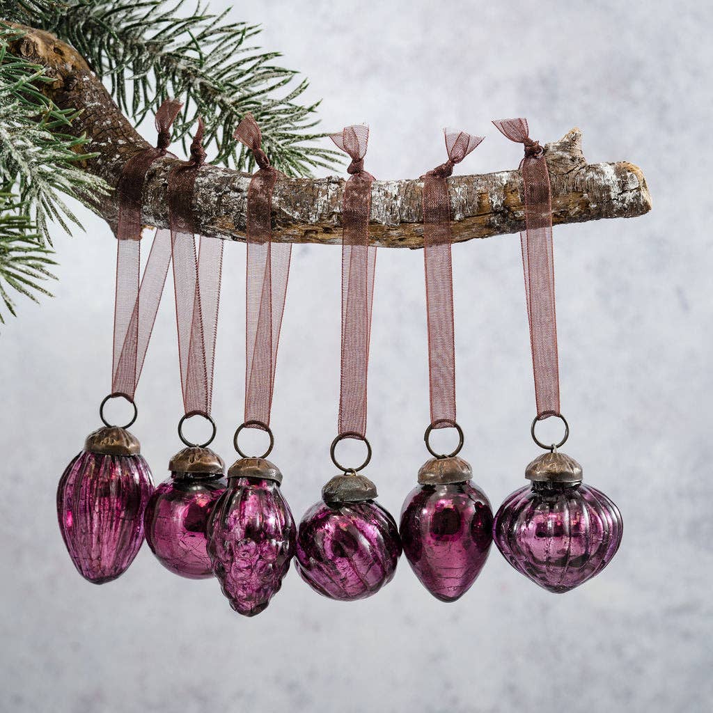 Set Of 6 Mulberry Crackle Glass Christmas Baubles With Ribbons