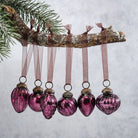 Set Of 6 Mulberry Crackle Glass Christmas Baubles With Ribbons