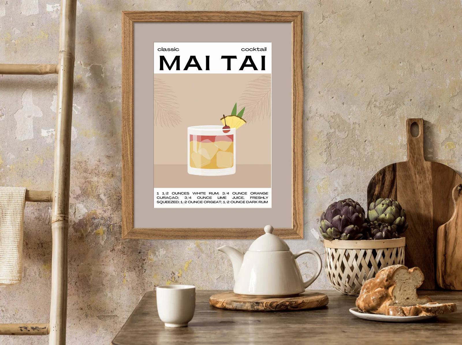 Mai Tai Cocktail Art Print – Retro Amber & Coffee Bar Decor 2