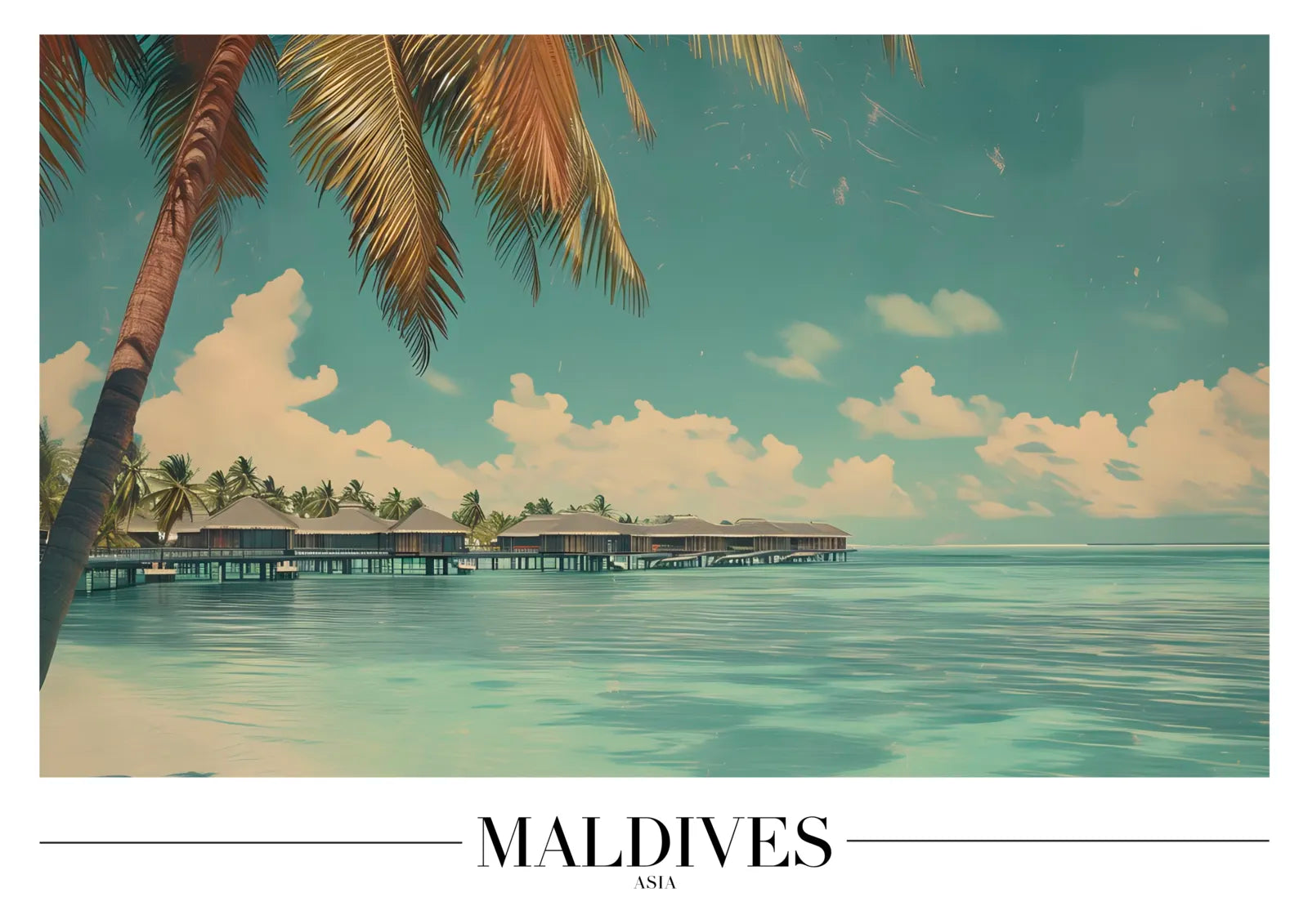 Maldives Beach Art Print with Palm Trees and Huts 3