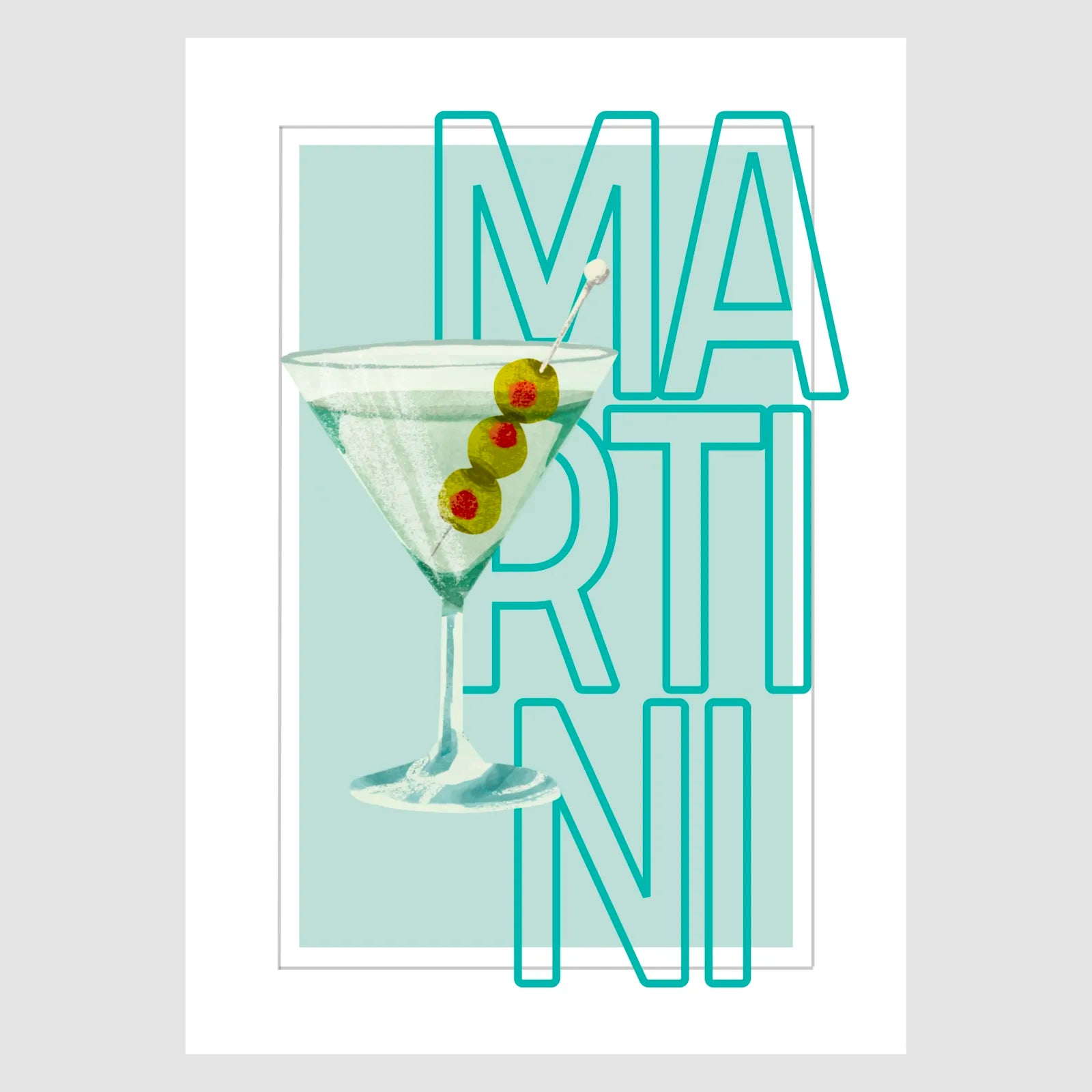 Martini Art Print – Minimalist Aqua Blue Retro Design 1