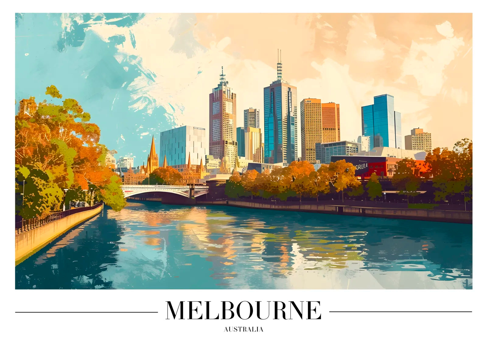 Melbourne River Yarra Art Print with Autumn Trees and Skyline 3