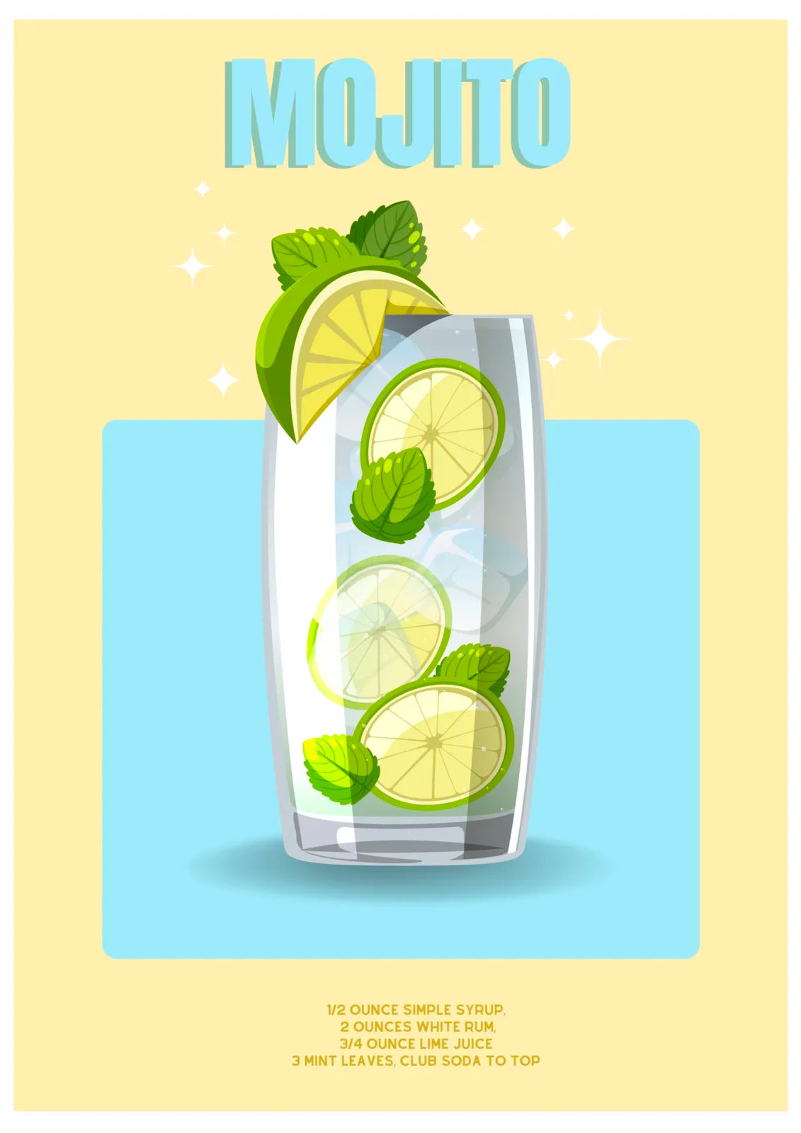 Mojito Art Print – Retro 1970s Aqua & Yellow Cocktail Design 3