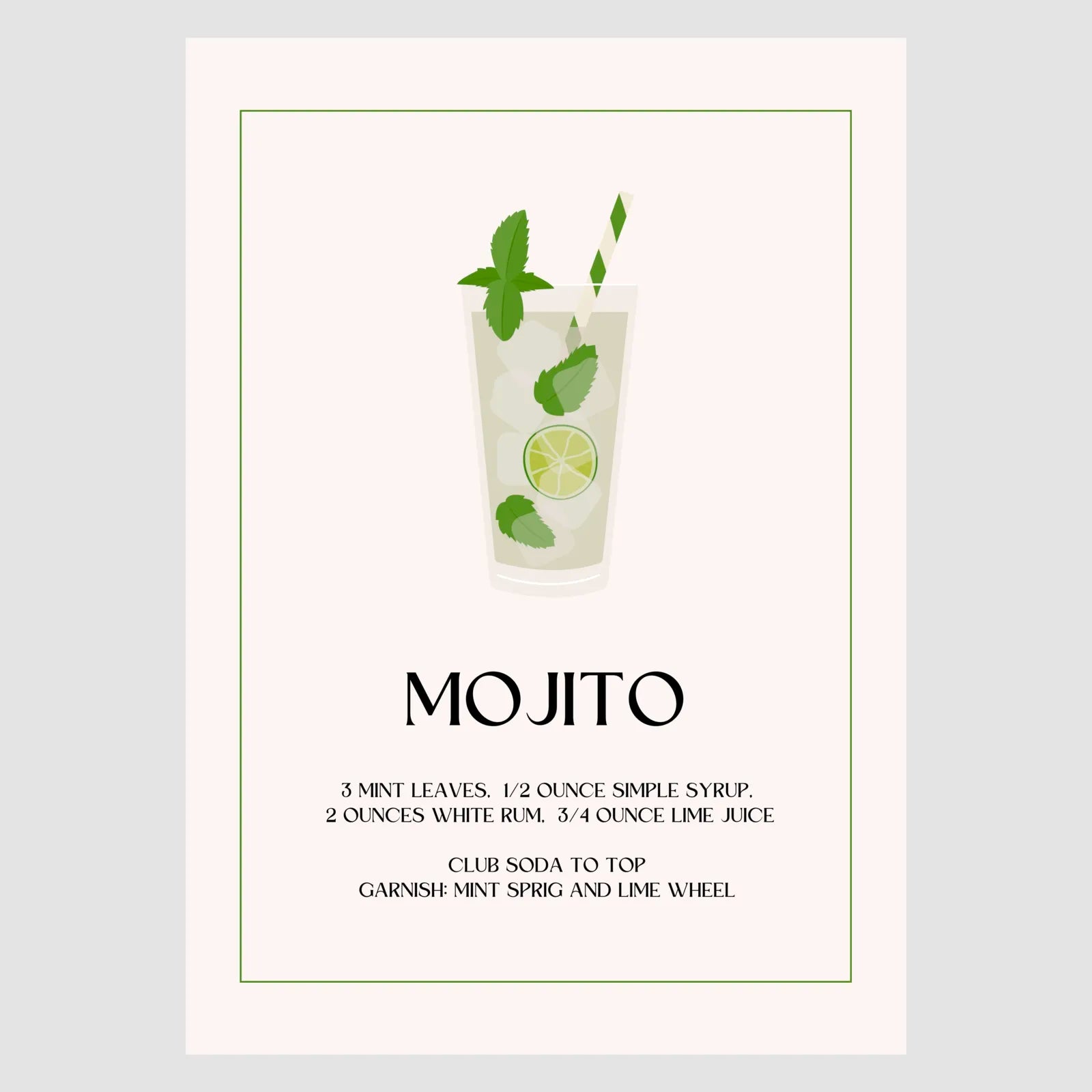 Mojito Art Print – Simple Green & White Cocktail Design 1