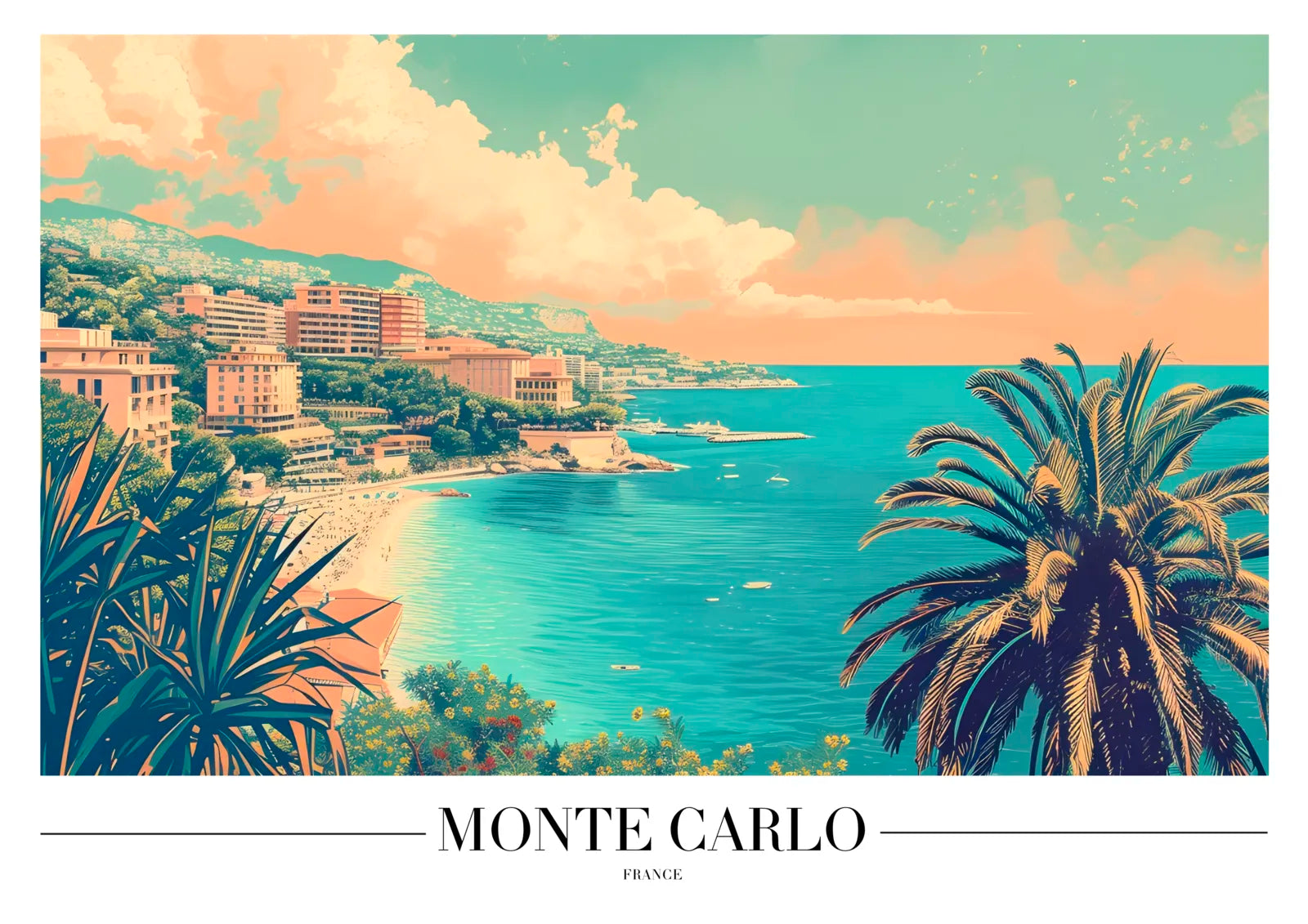 Monte Carlo Beach Art Print with Palms and Hillside Views 3