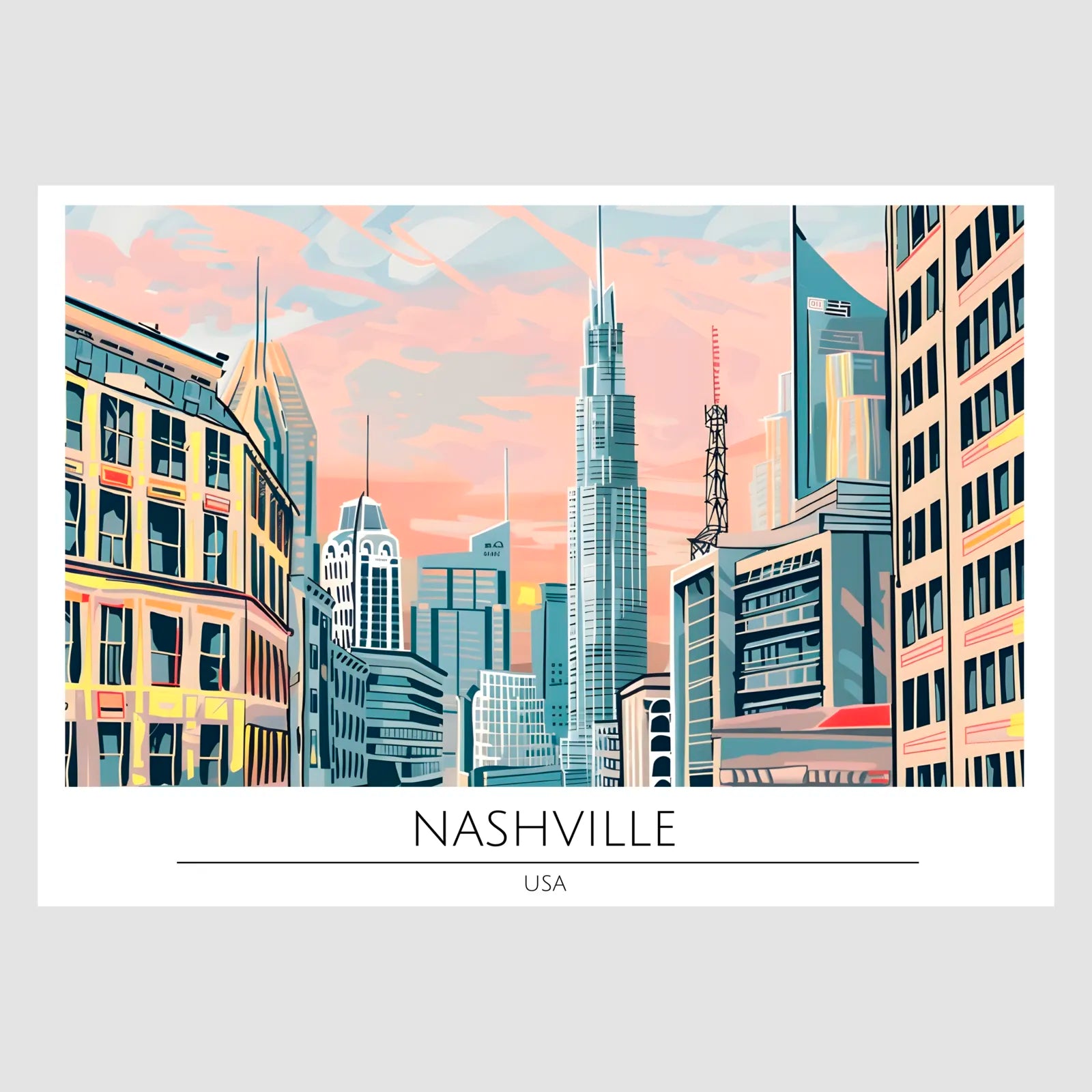 Nashville City Skyline with Skyscrapers Art Print 1