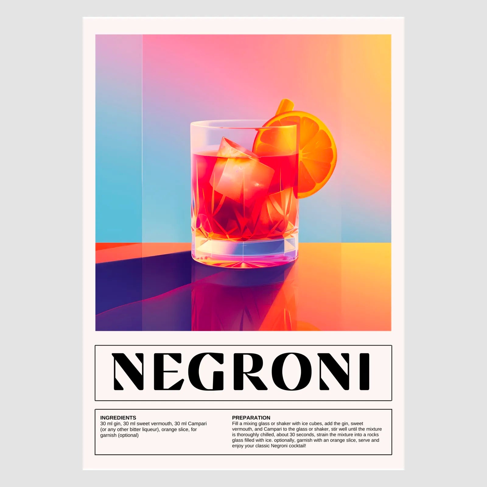 Negroni Art Print – Vibrant Colours & Reflections Cocktail Design 1