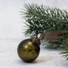 Set Of 6 Olive Green Glass Christmas Baubles With Ribbons