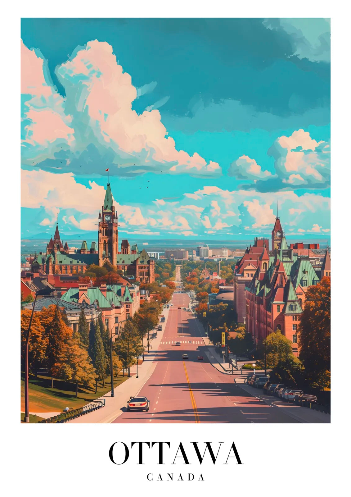 Ottawa Cityscape Art Print With Teal Roofs And Skyline 3