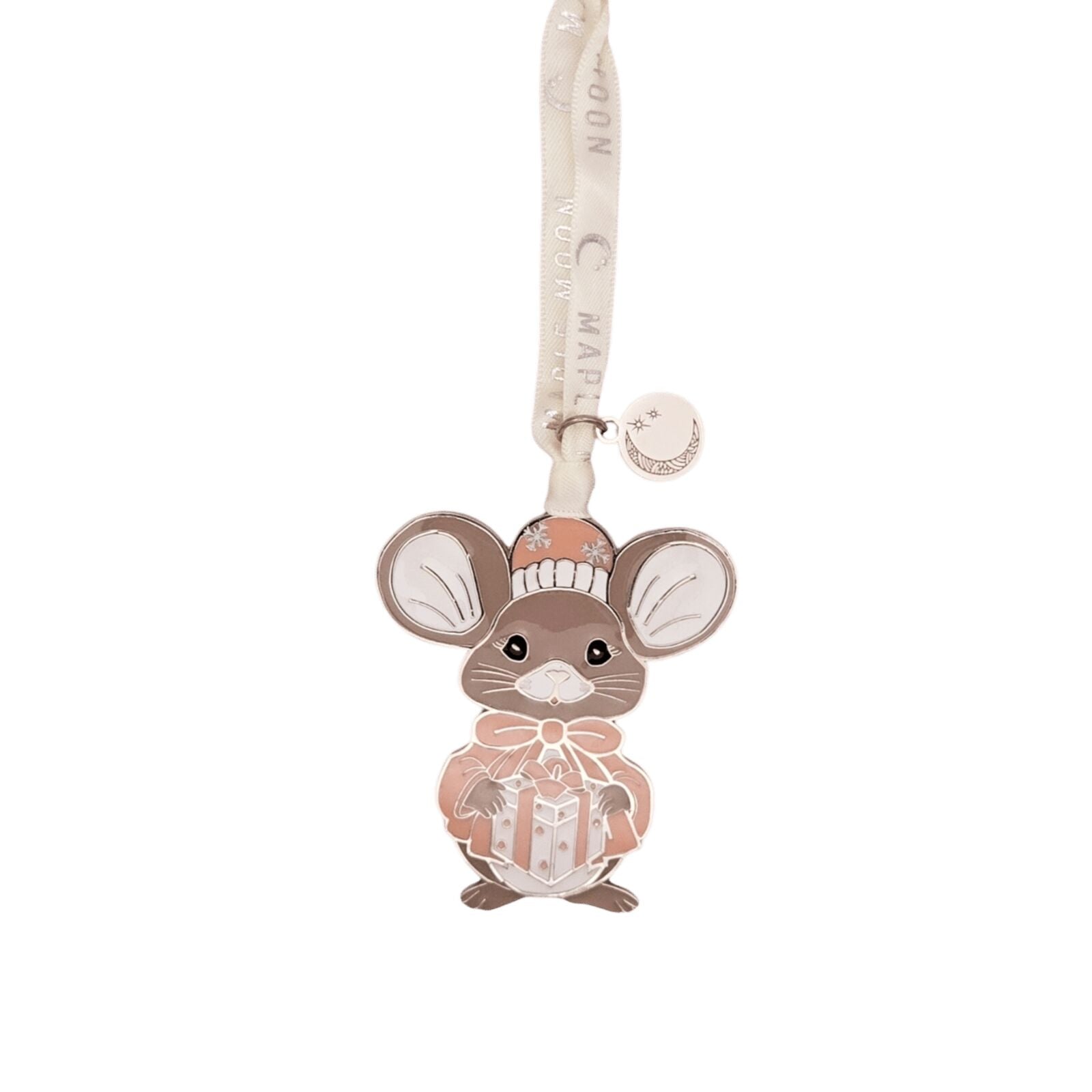 Pink Enamel Christmas Mouse with Gift Decoration