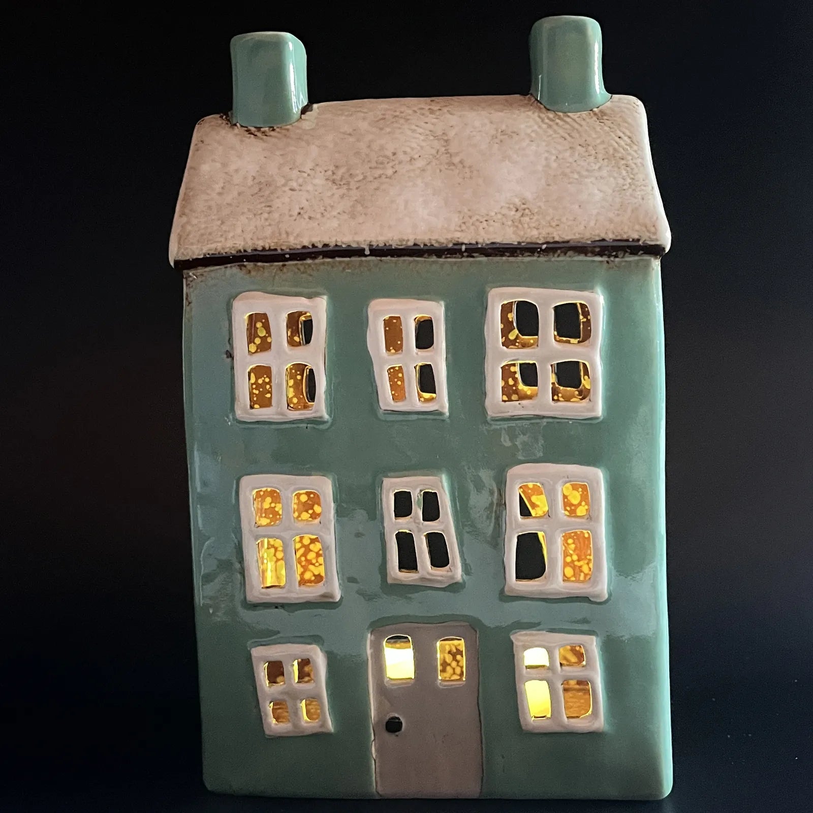 Green Ceramic Tealight House with Brown Roof and Chimney