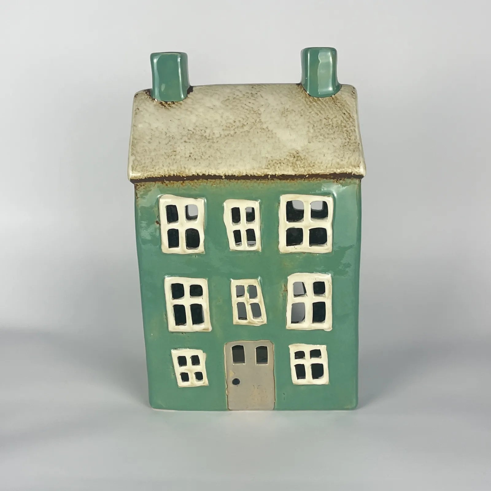 Green Ceramic Tealight House with Brown Roof and Chimney