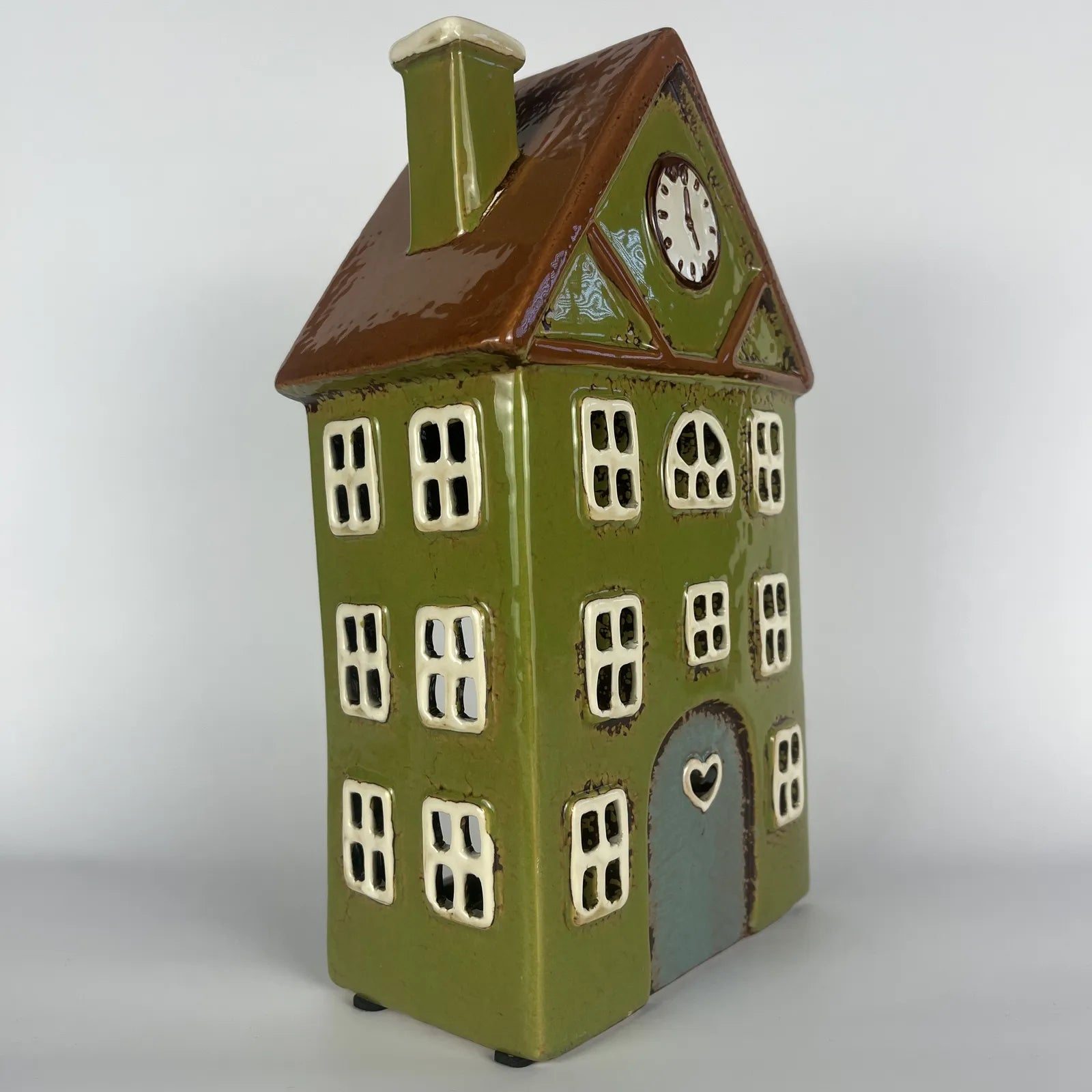 Green Ceramic House with Clock and Heart-Shaped Door