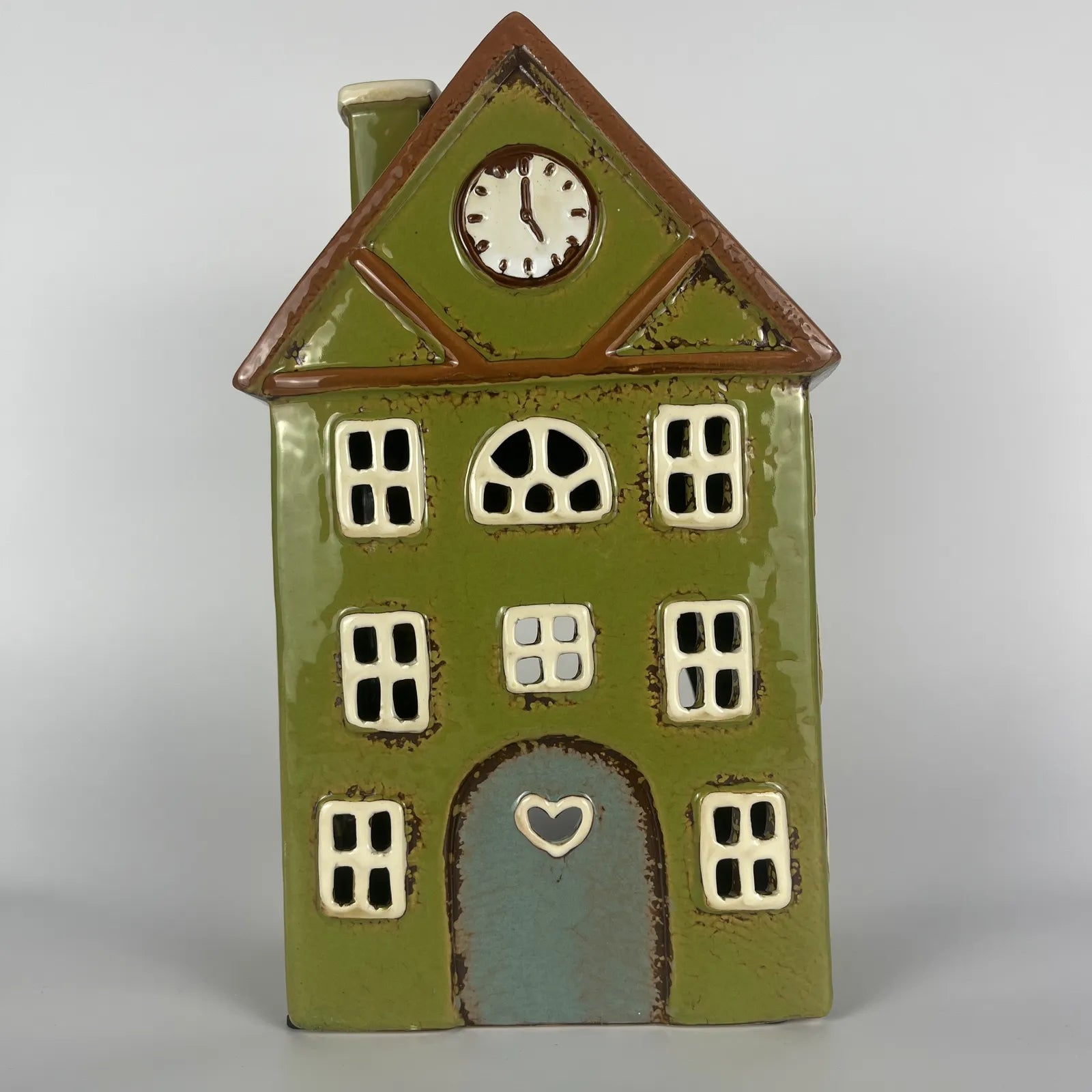 Green Ceramic House with Clock and Heart-Shaped Door