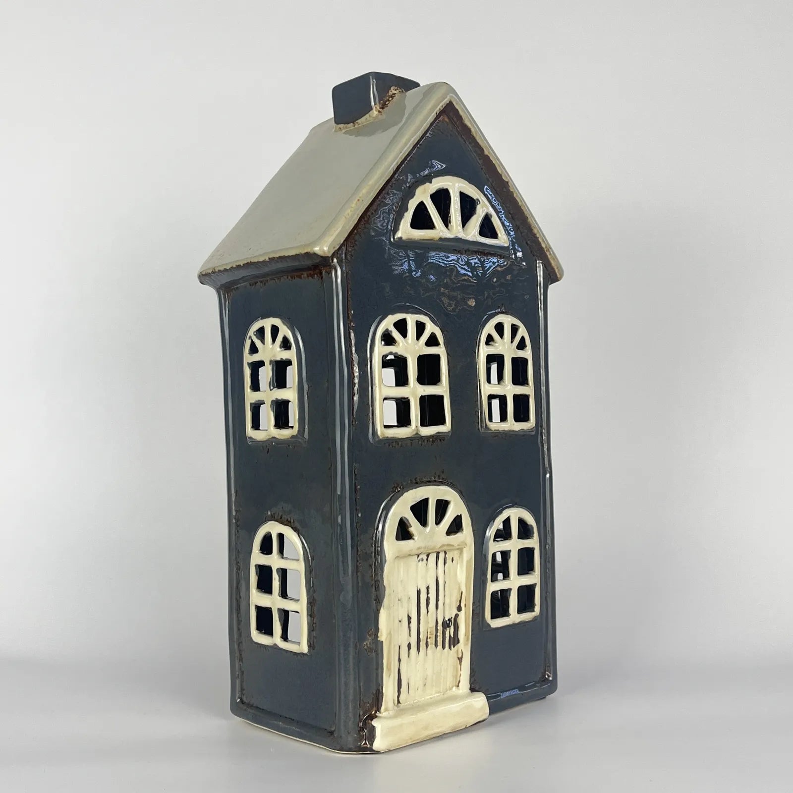 Dark Grey Blue Ceramic Tealight House with White Door