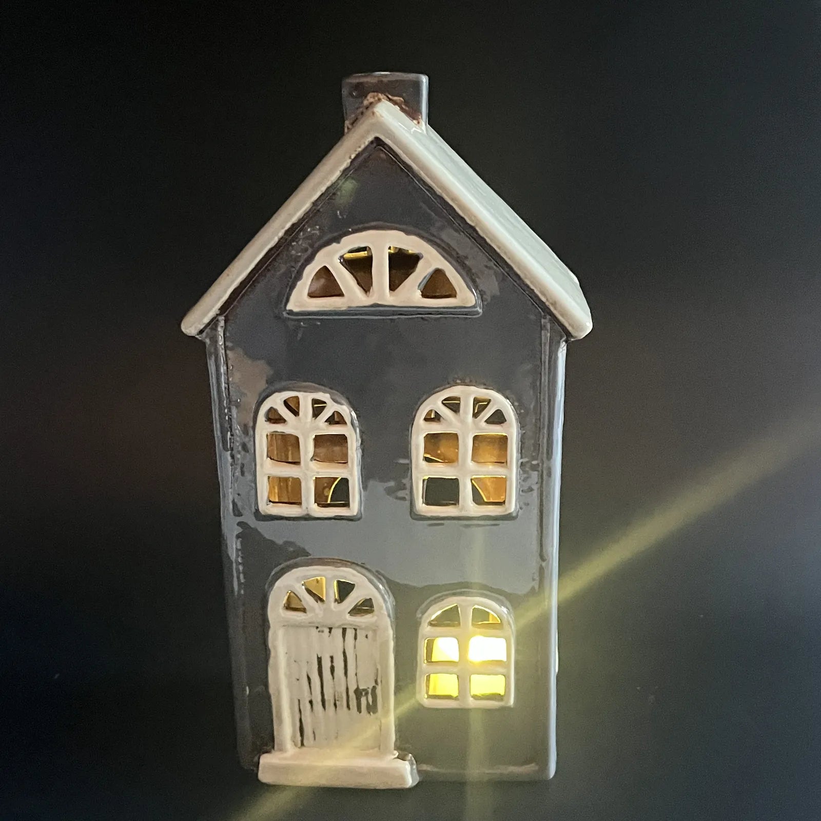 Dark Grey Blue Ceramic Tealight House with White Door