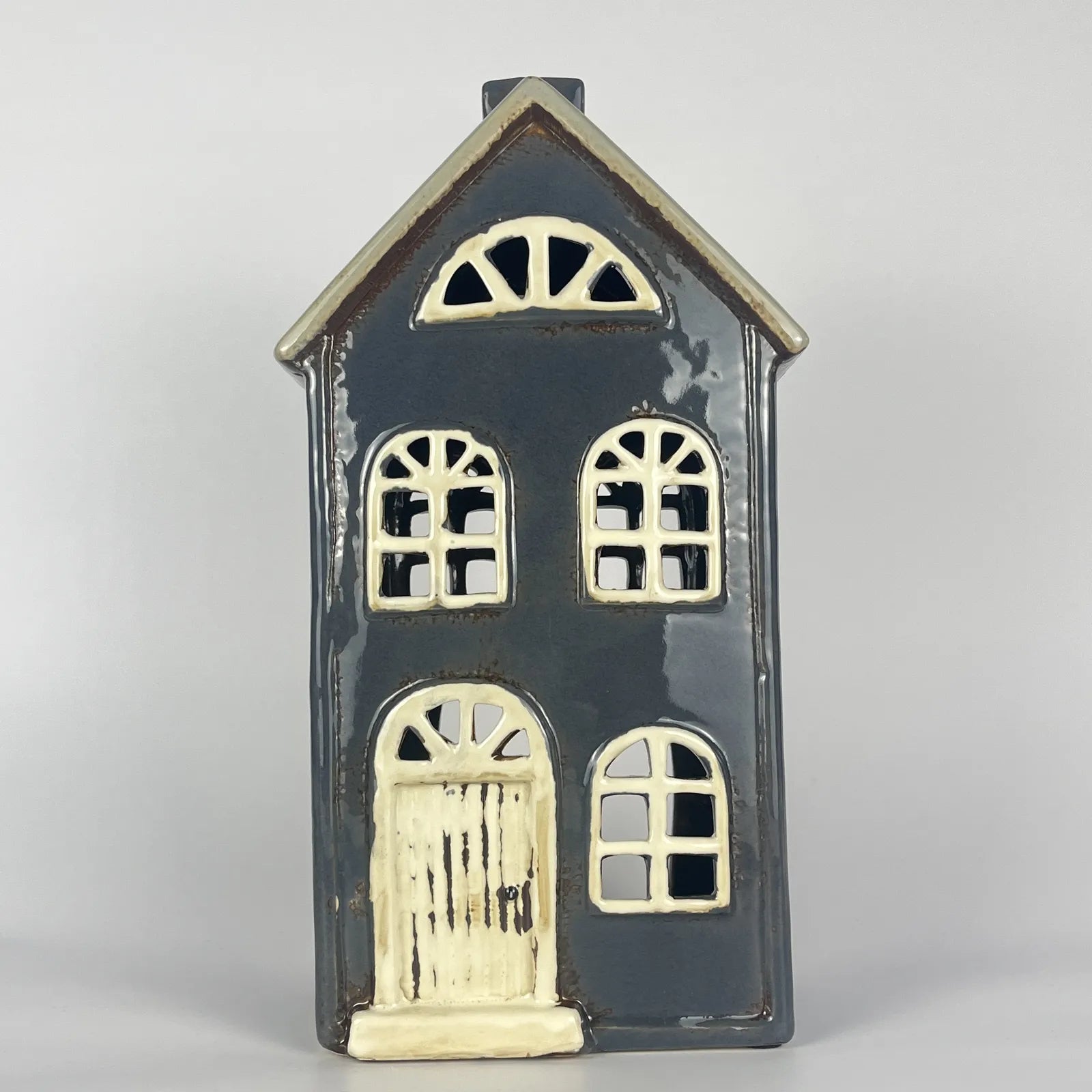 Dark Grey Blue Ceramic Tealight House with White Door