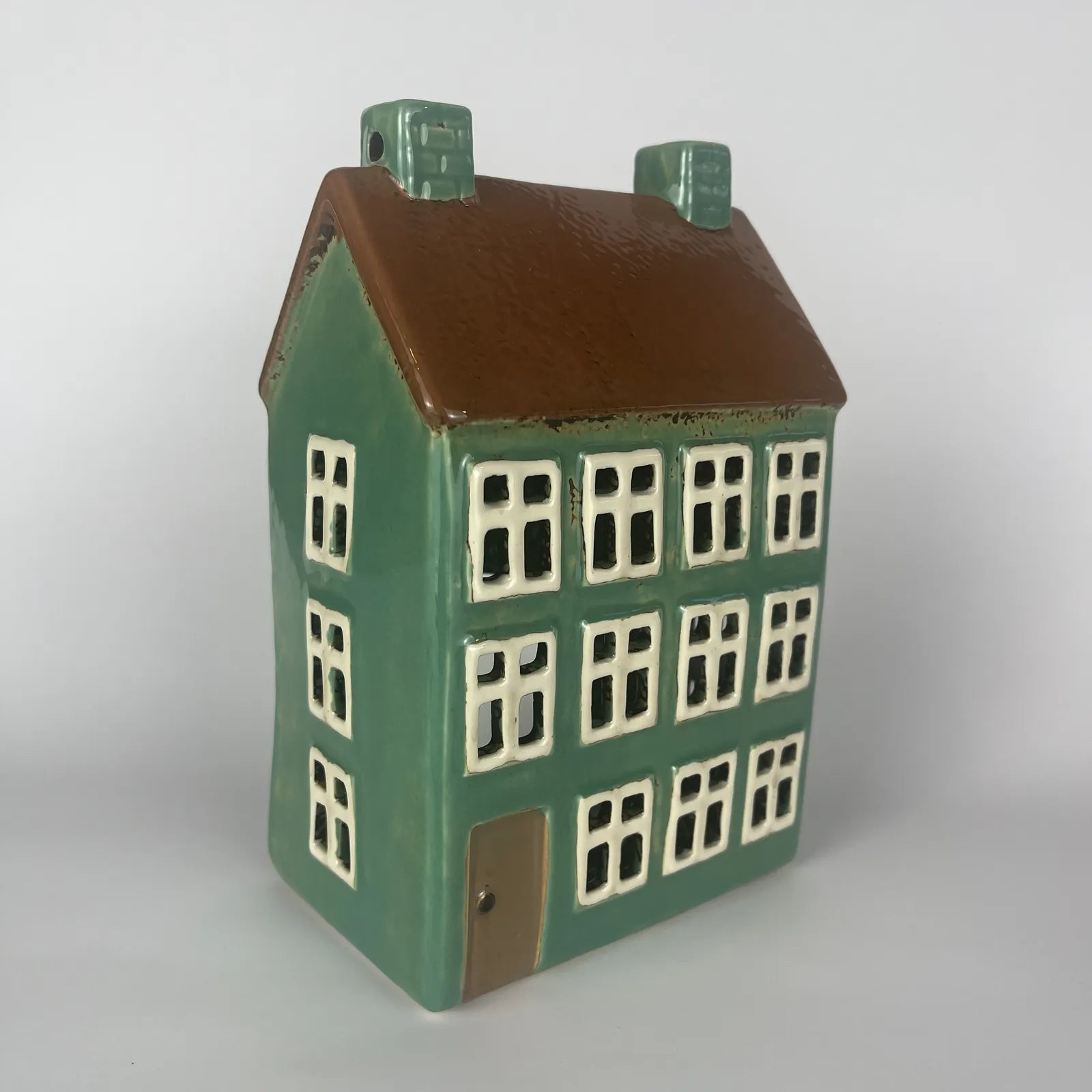 Green Ceramic Tealight House with Brown Roof and Brown Door