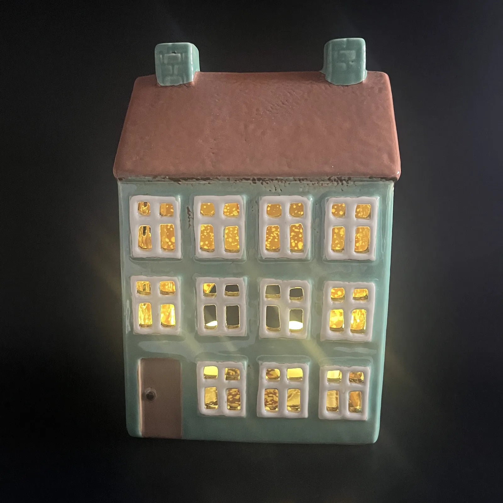 Green Ceramic Tealight House with Brown Roof and Brown Door