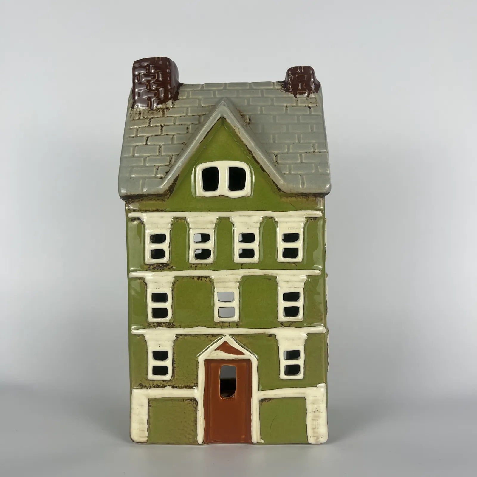 Green Ceramic Tealight House with Brown Roof and Door