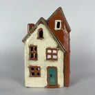 White and Brown Ceramic Tealight House with Green Door