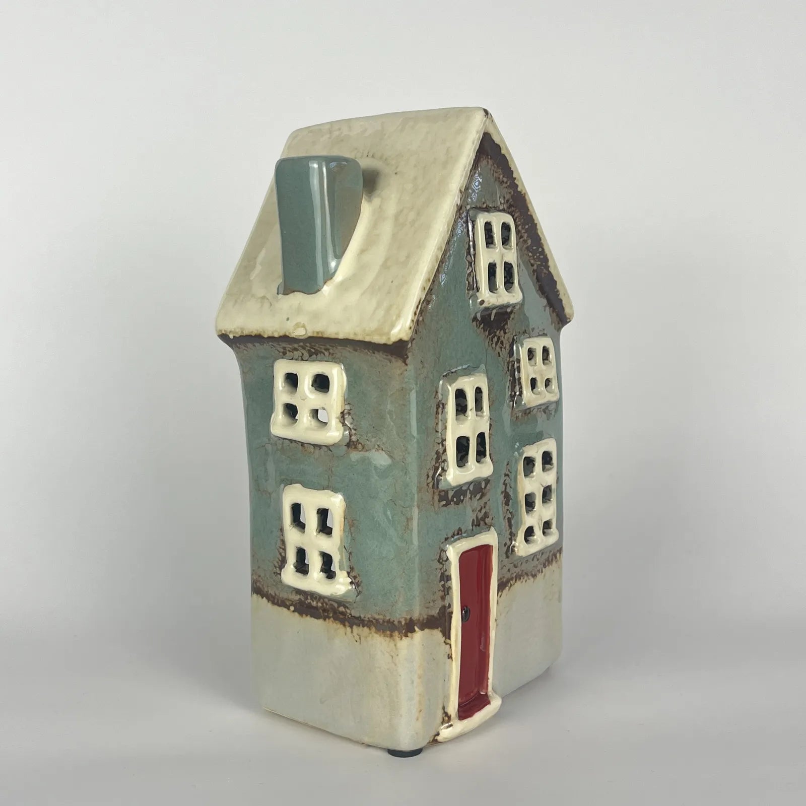 Green Ceramic Tealight House with Red Door and Chimney