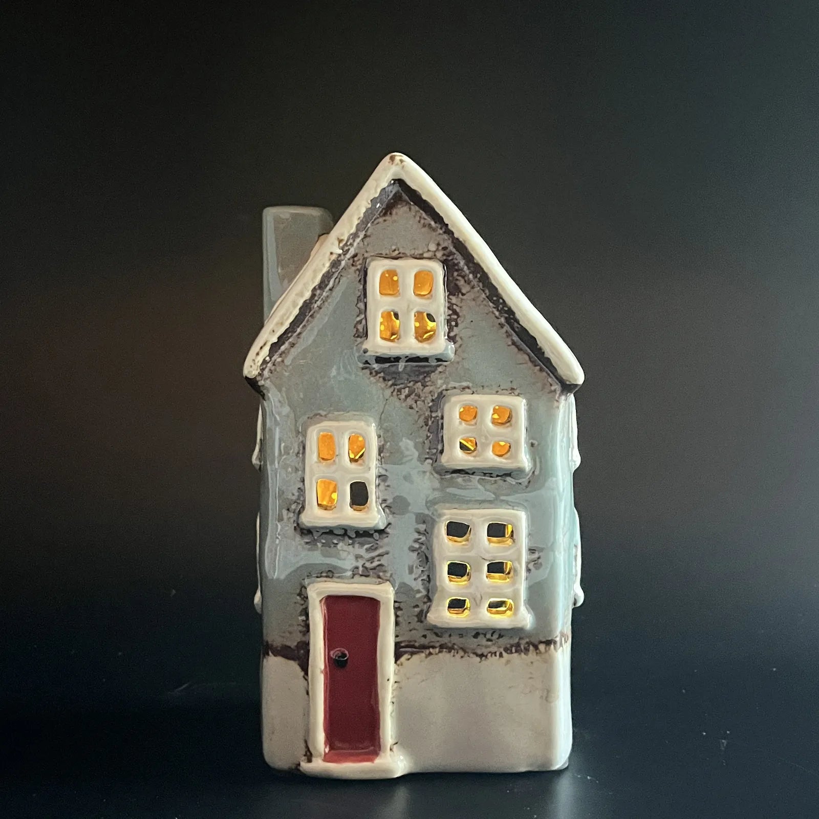 Green Ceramic Tealight House with Red Door and Chimney