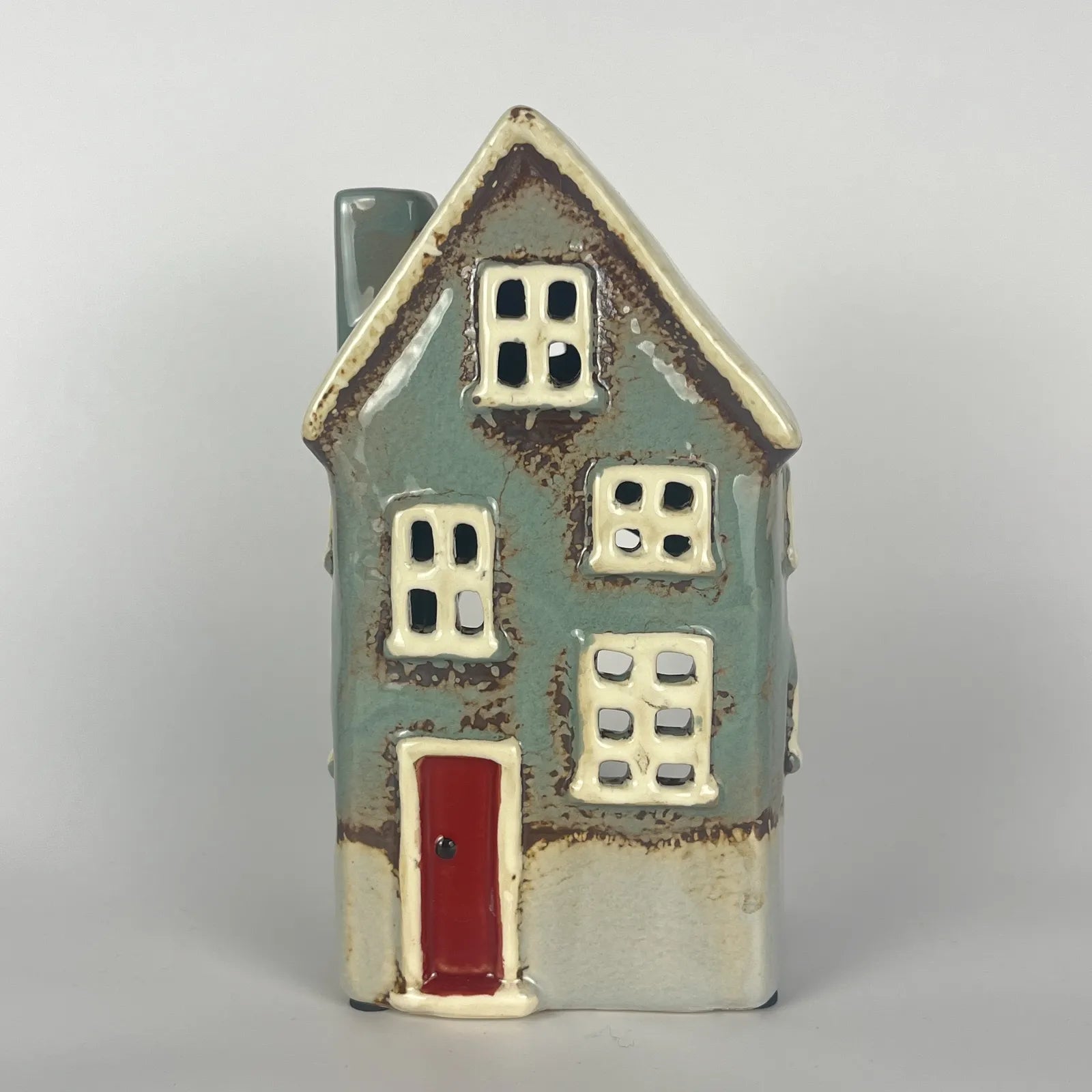 Green Ceramic Tealight House with Red Door and Chimney